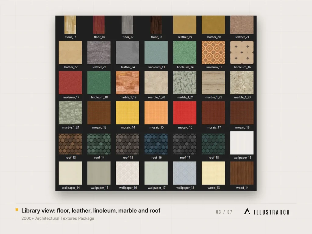 2000+ Architectural Textures Package Representation & Visualization: library view floor leather linoleum marb
