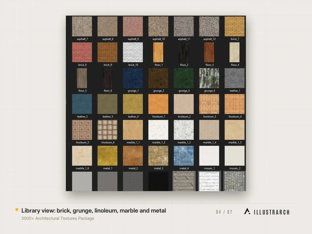 2000+ Architectural Textures Package Representation & Visualization: library view brick grunge linoleum marbl