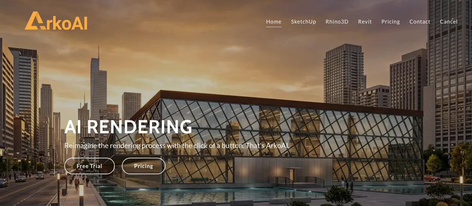 ArkoAI homepage with a rendered glass pavilion in a city and links to SketchUp, Rhino and Revit plugins