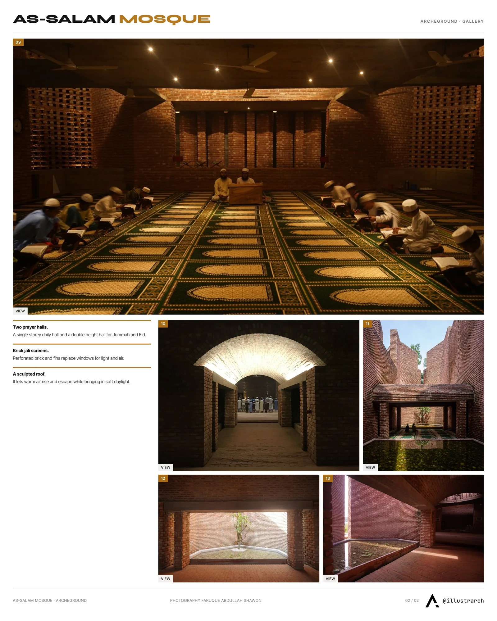 Second presentation board sheet for As-Salam Mosque by Archeground Ltd., laying out the project drawings and images on one page