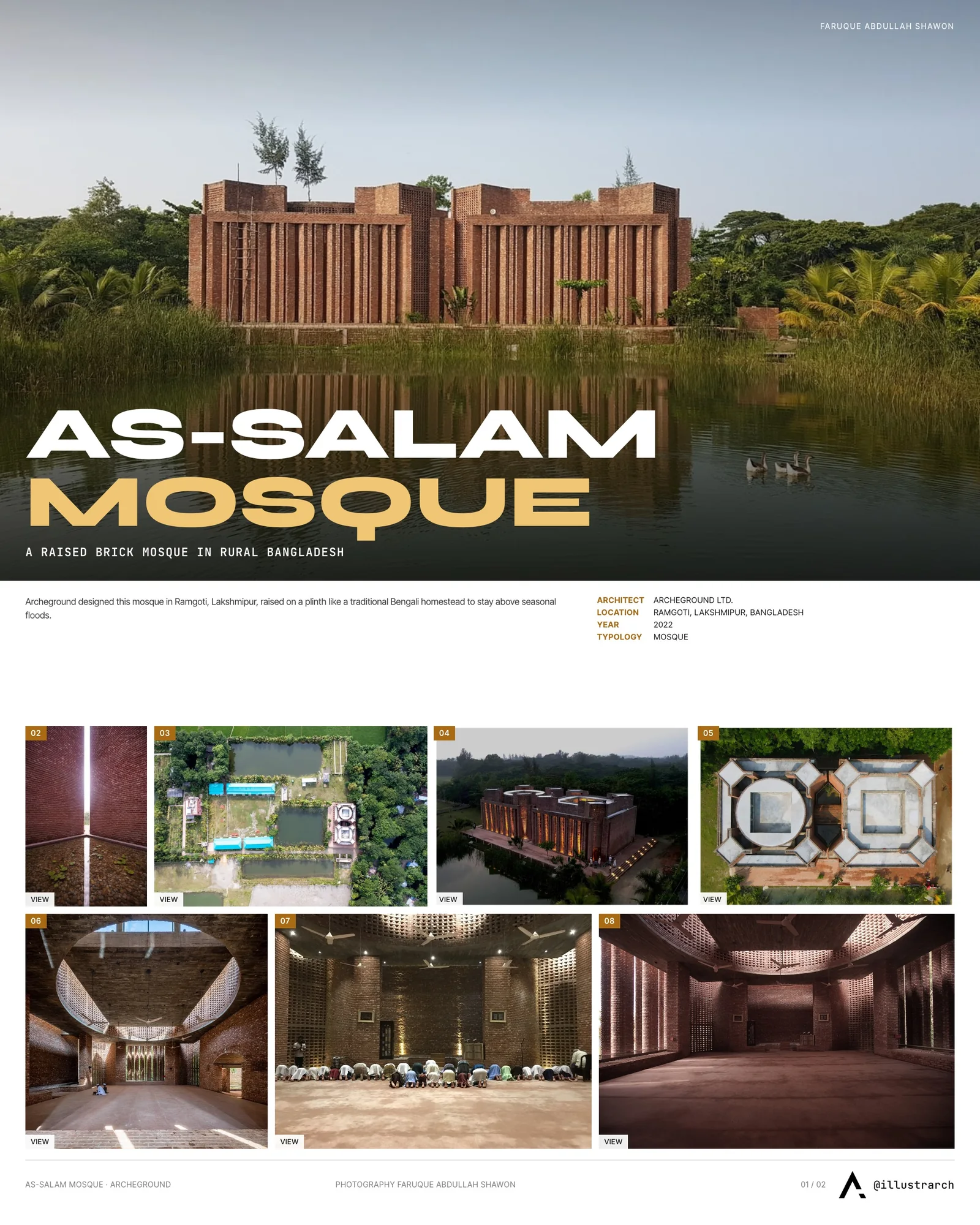 Presentation board cover for As-Salam Mosque by Archeground Ltd., with the lead image, project summary and a grid of photographs and drawings