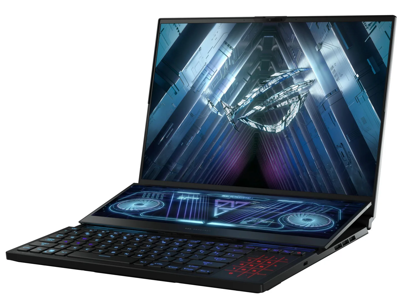 ASUS ROG Zephyrus Duo 16 with its tilted secondary touchscreen above the keyboard