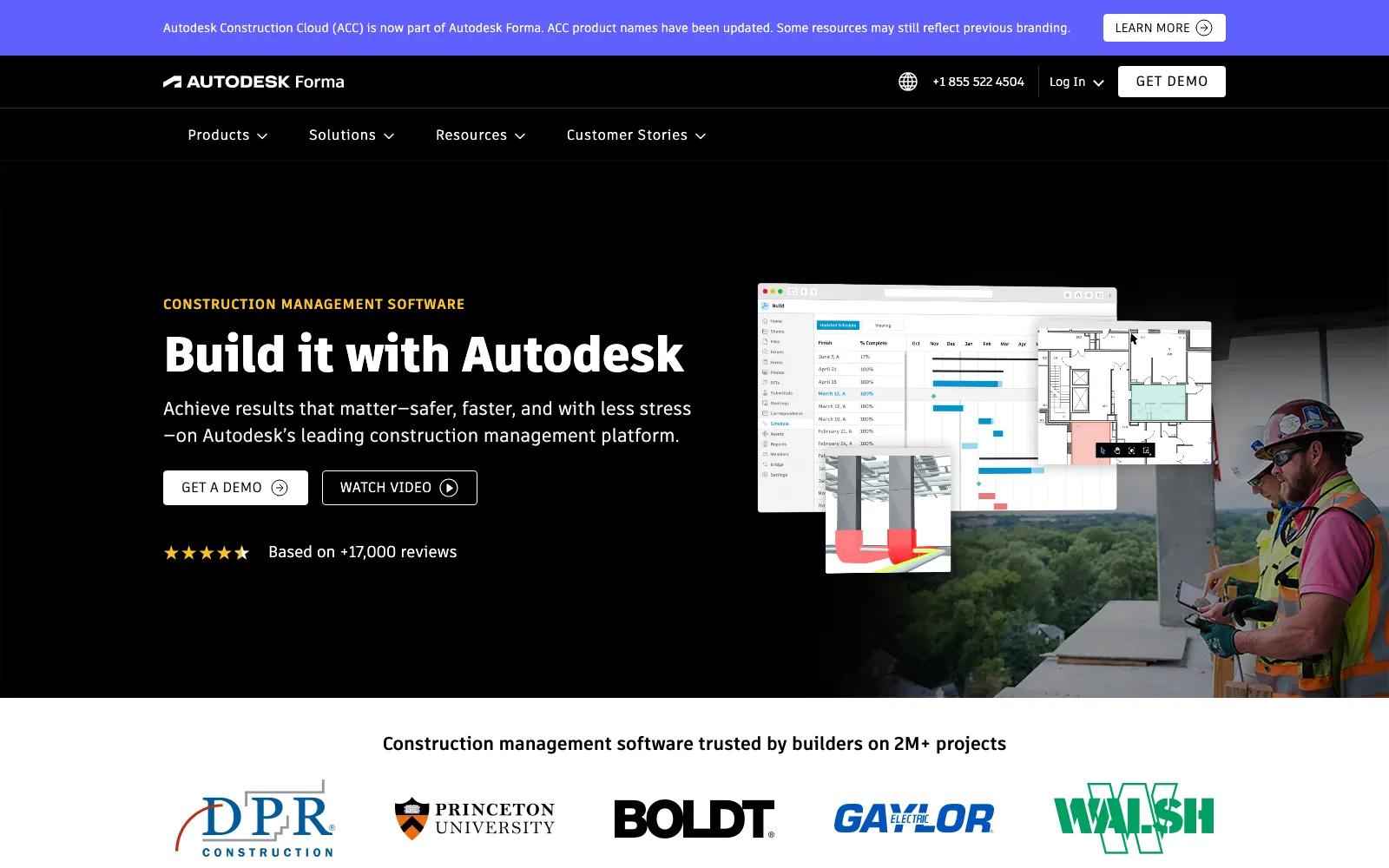 Autodesk Forma construction management page, formerly Autodesk Construction Cloud, with a schedule and floor plan