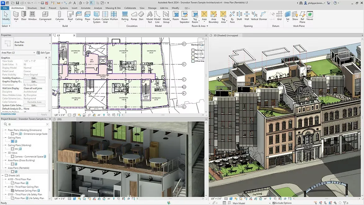 Revit 2024 Snowdon Towers sample with area plan, 3D street view and section of a mixed-use block