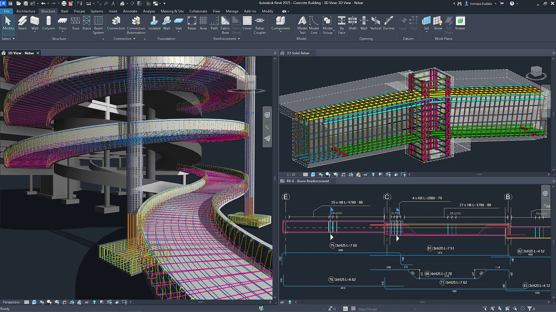 Revit 2025 rebar modeling of a spiral concrete ramp in 3D with a beam reinforcement detail below