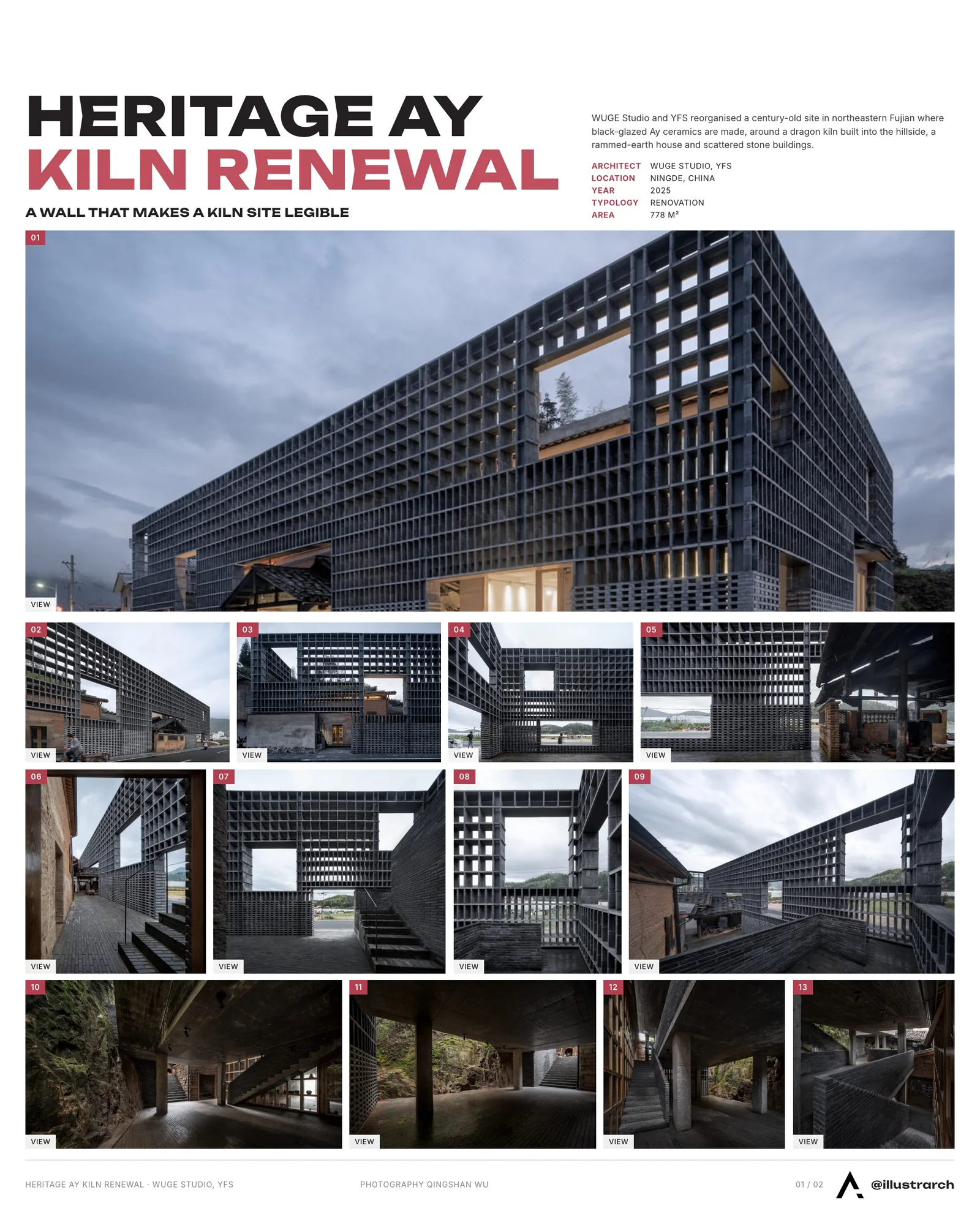 Presentation board cover for Heritage “Ay” Kiln Adaptive Renewal by WUGE Studio & YFS, with the lead image, project summary and a grid of photographs and drawings