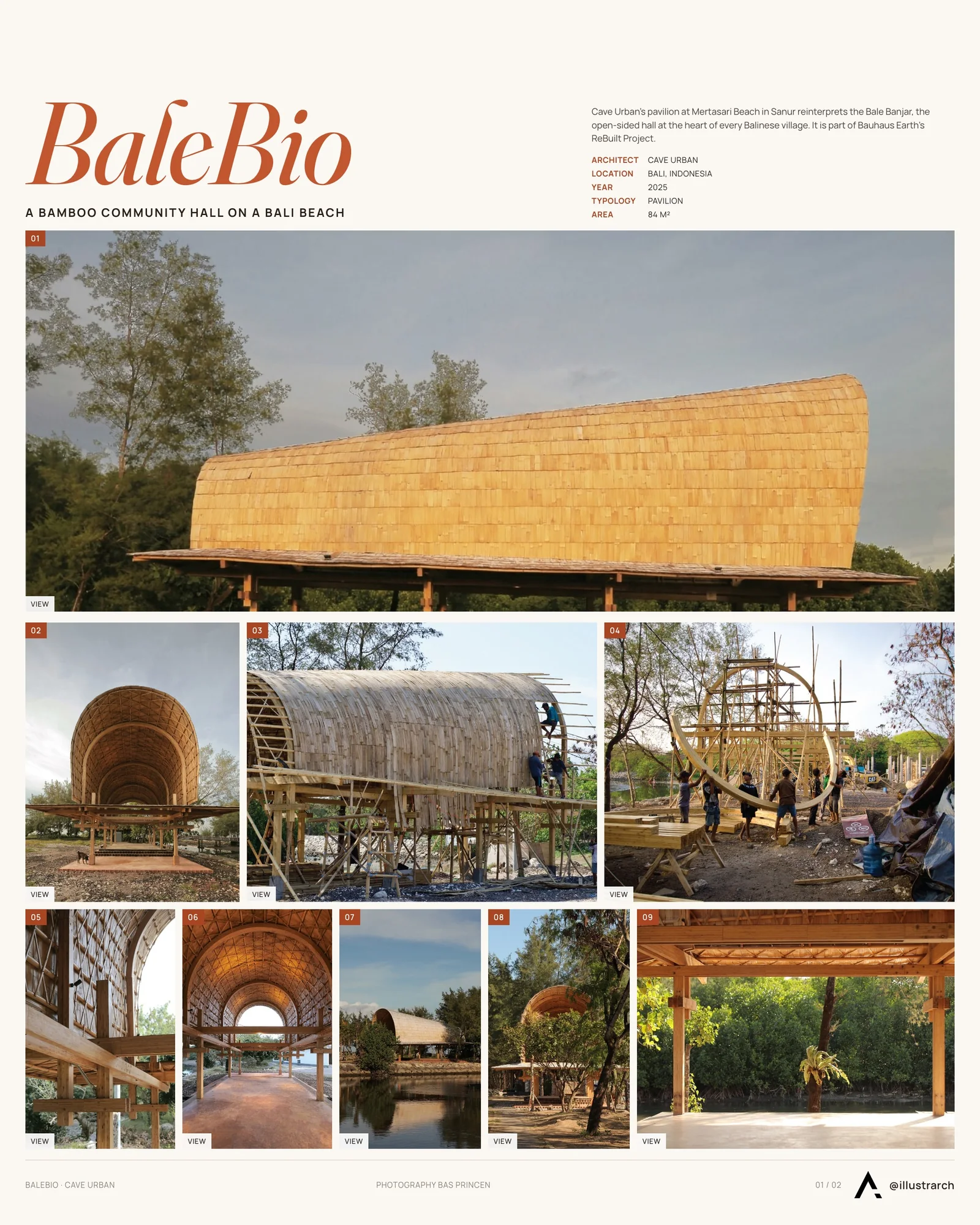 Presentation board cover for BaleBio by Cave Urban, with the lead image, project summary and a grid of photographs and drawings