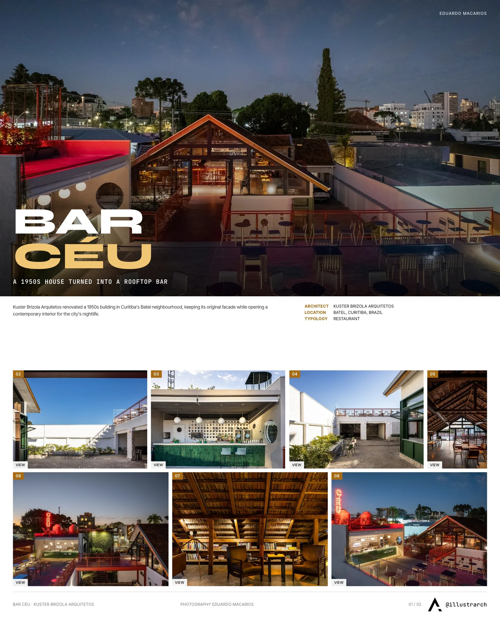 Presentation board cover for Bar Céu by Kuster Brizola Arquitetos, with the lead image, project summary and a grid of photographs and drawings