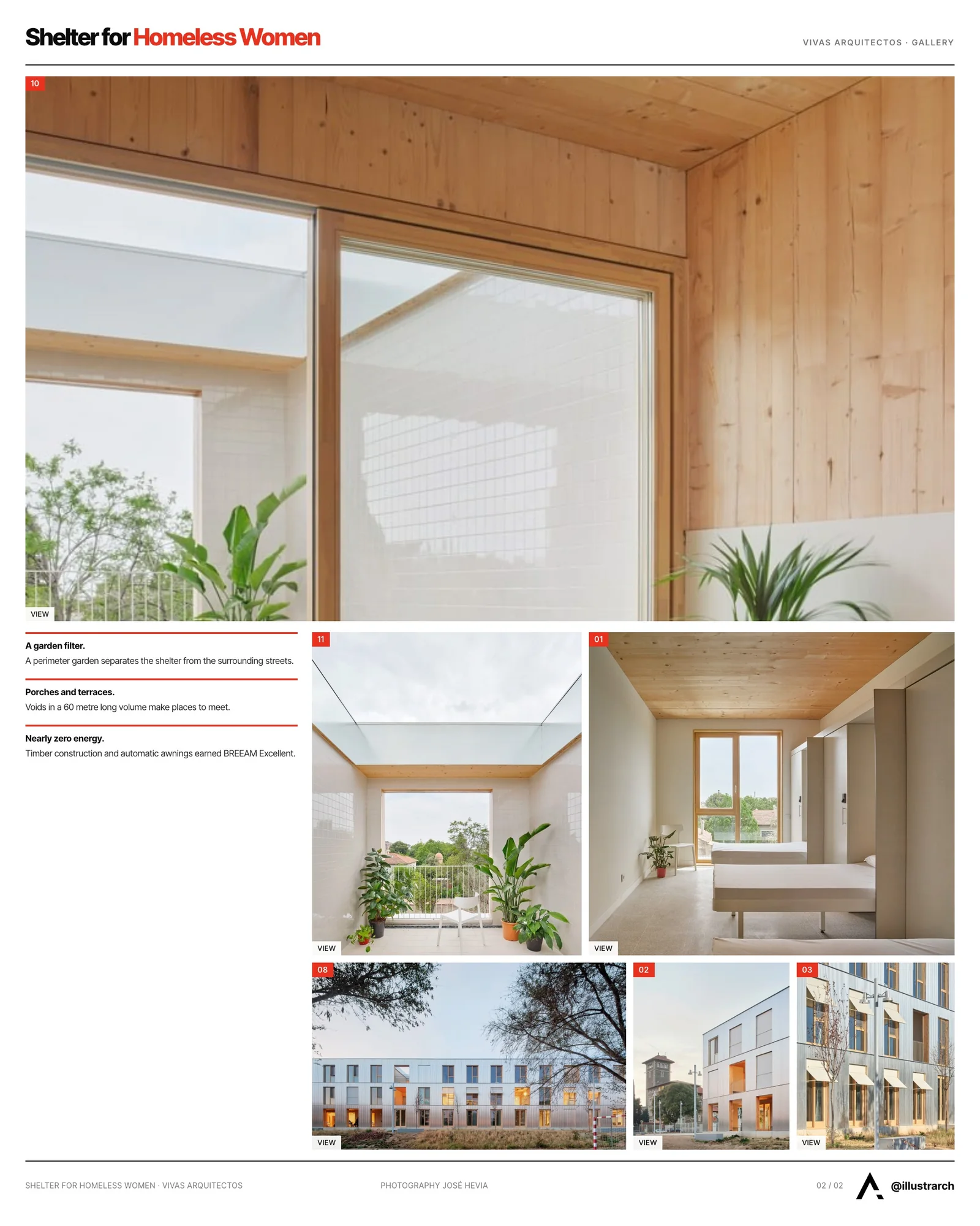 Second presentation board sheet for Shelter for Homeless Women in Barcelona by Vivas Arquitectos, laying out the project drawings and images on one page
