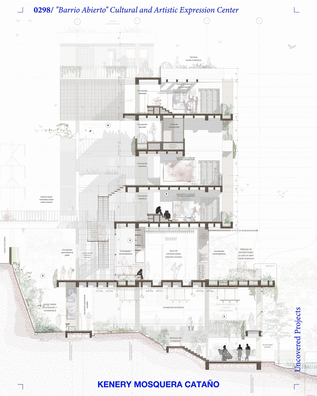 Presentation board with an exploded axonometric diagram and project text columns for a cultural center