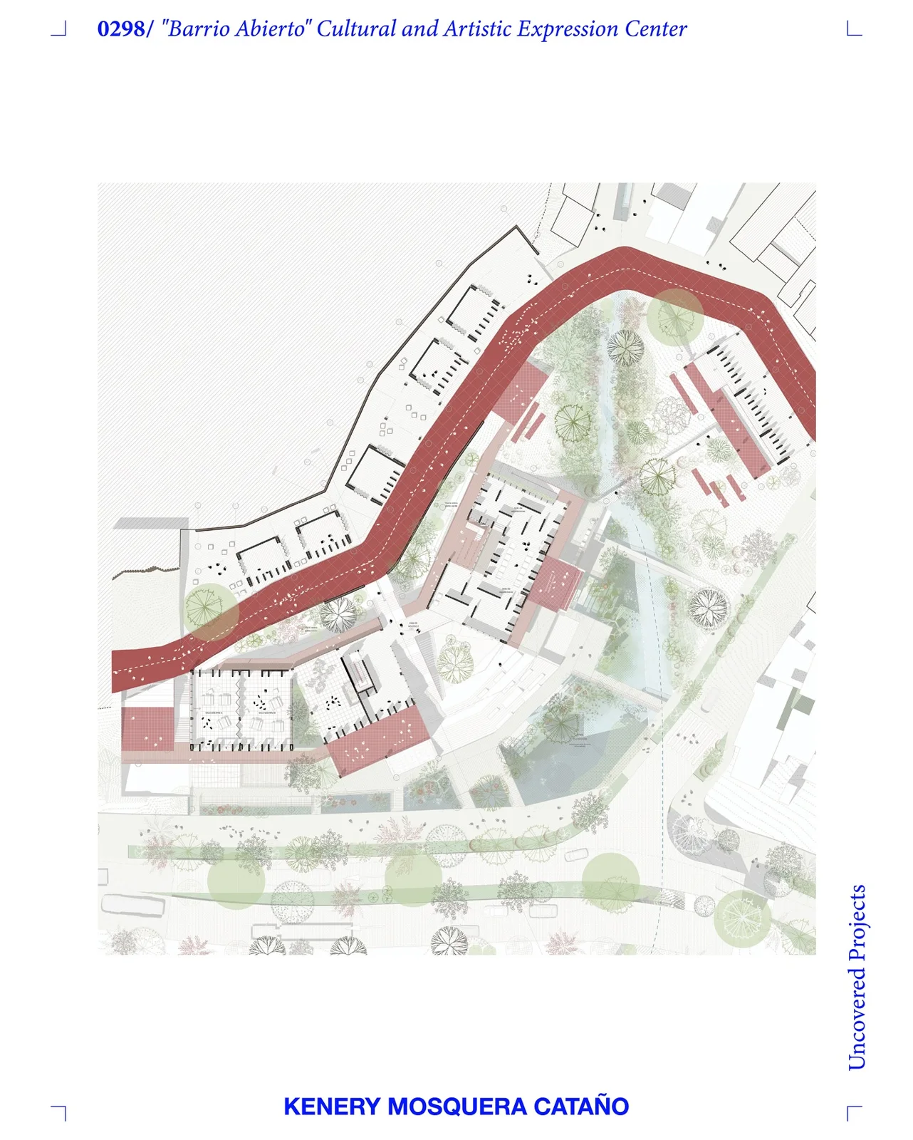 Site plan highlighting a winding river and riverside park corridor through the neighborhood