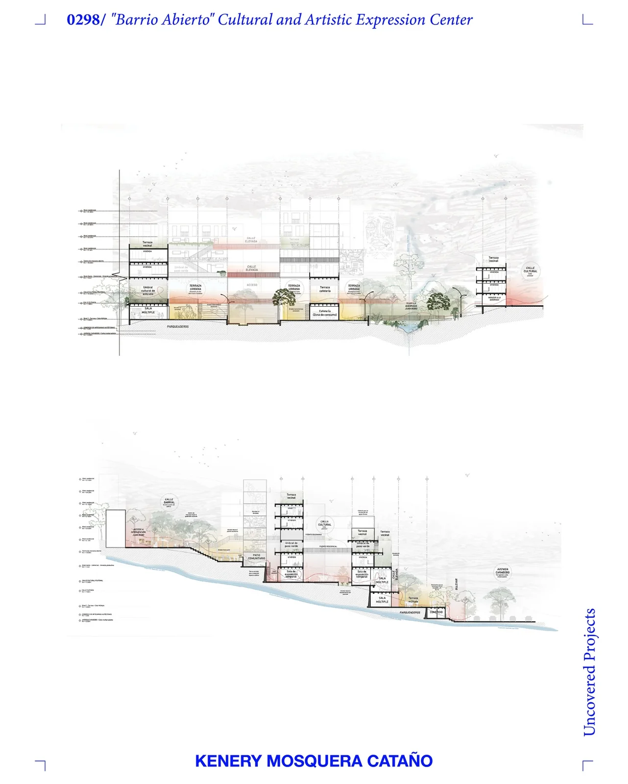 Horizontal stepped building sections showing terraced housing units in muted colors, with soft shading