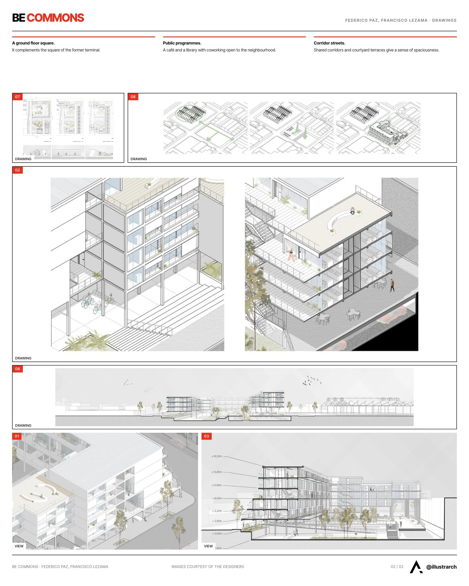 Second presentation board sheet for BE COMMONS, laying out the project drawings and images on one page