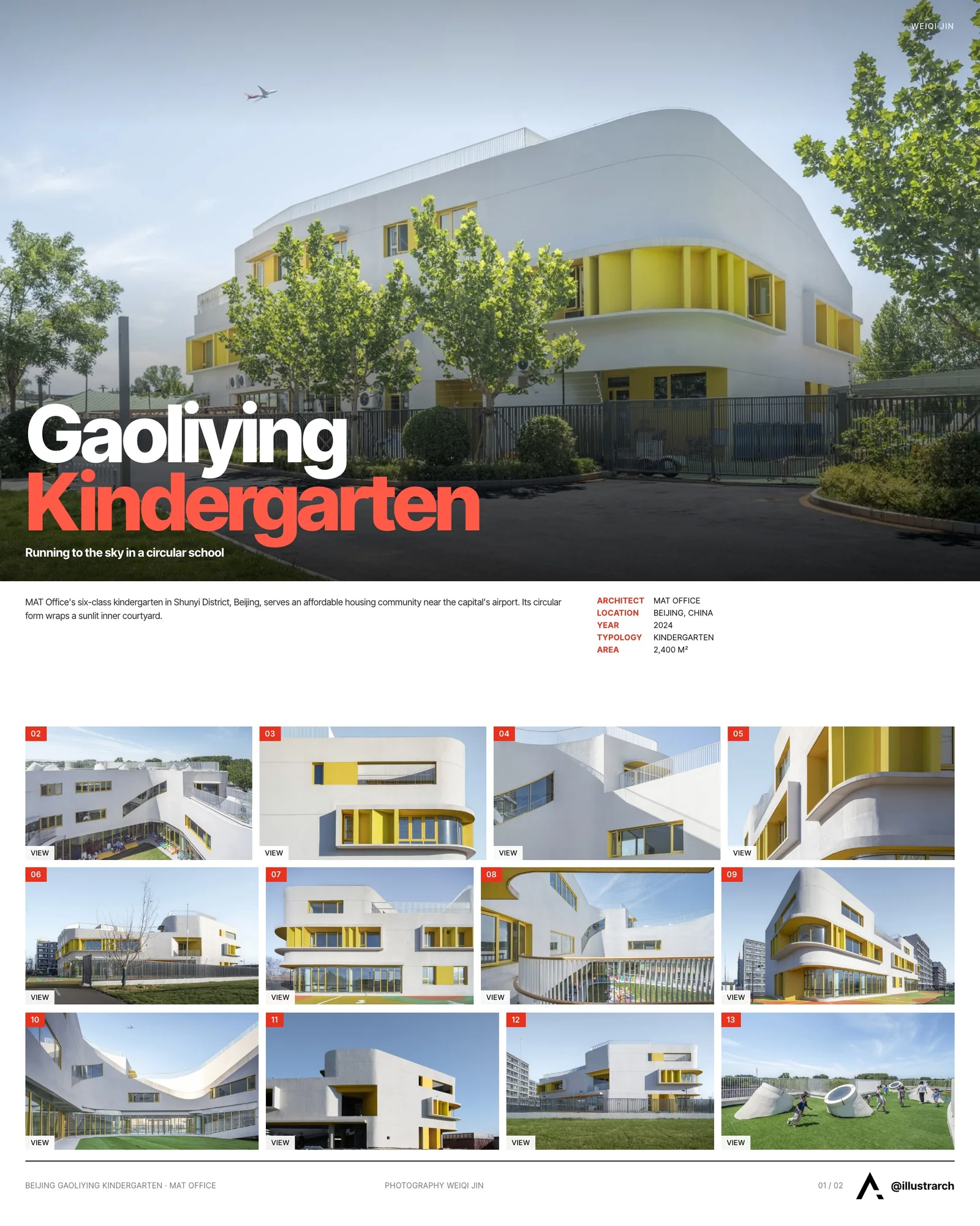 Presentation board cover for Beijing Gaoliying Kindergarten by MAT Office, with the lead image, project summary and a grid of photographs and drawings