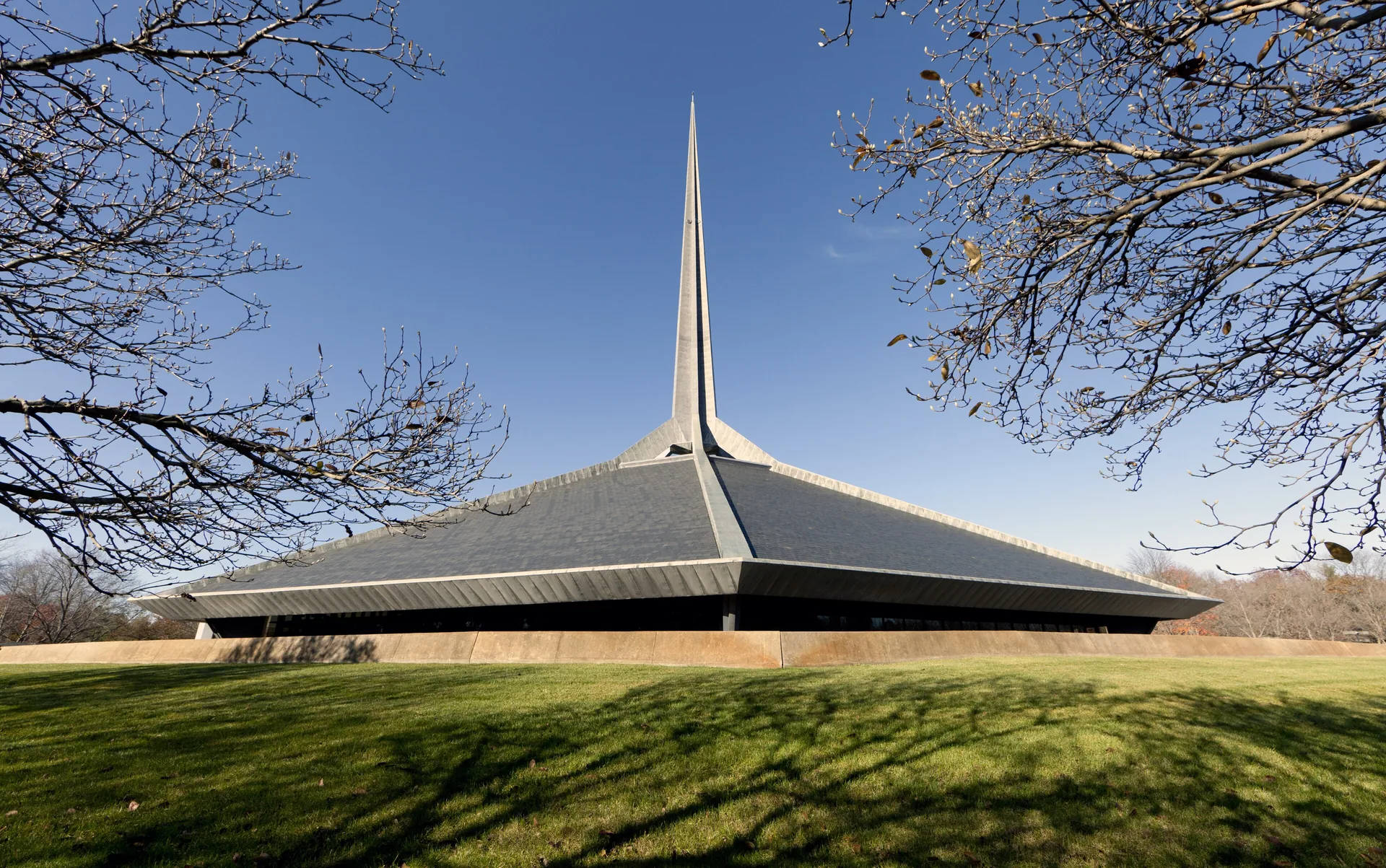 North Christian Church by Eero Saarinen in Columbus, Indiana, a low hexagonal roof rising to a slender spire