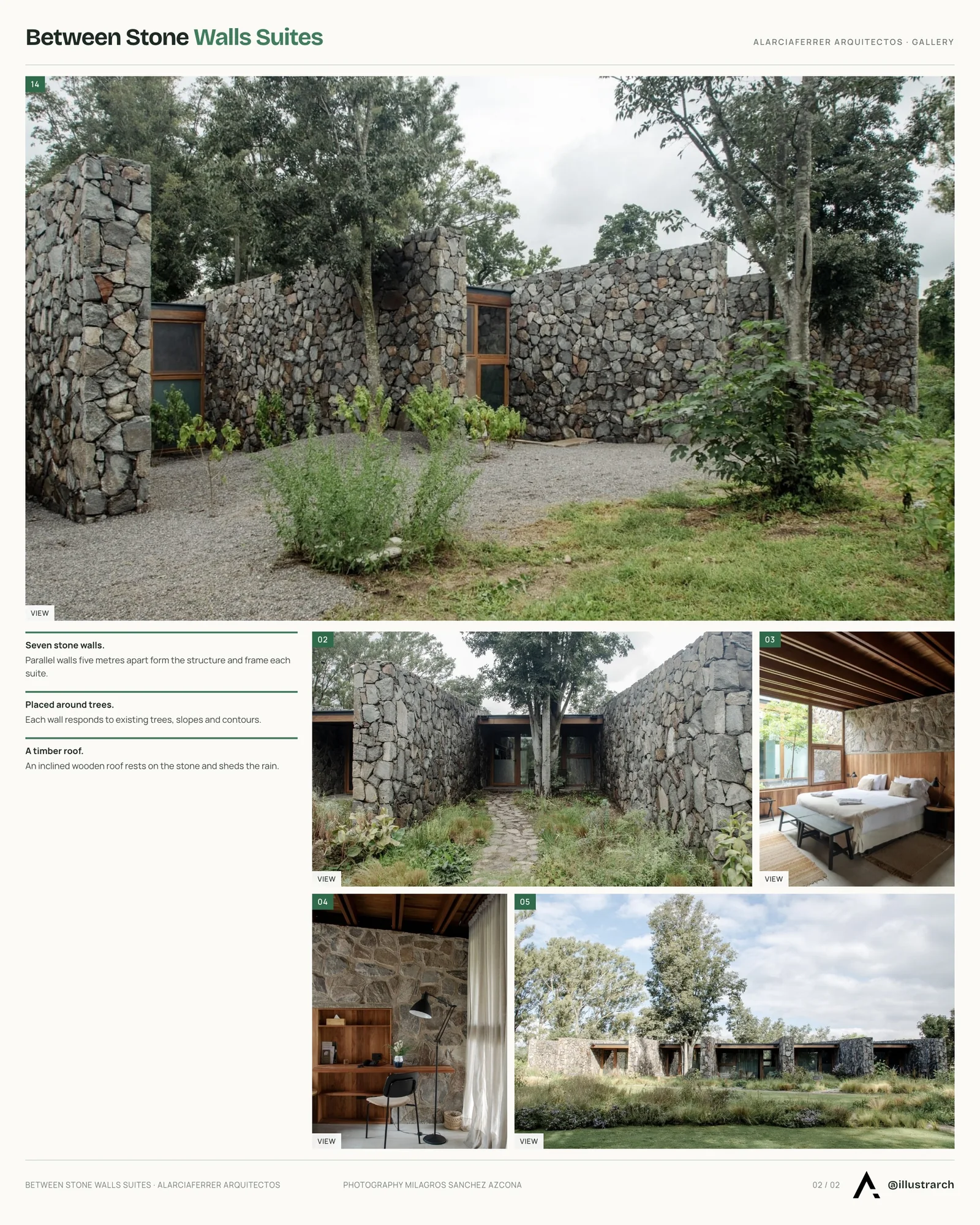 Second presentation board sheet for Between Stone Walls Suites by alarciaferrer arquitectos, laying out the project drawings and images on one page