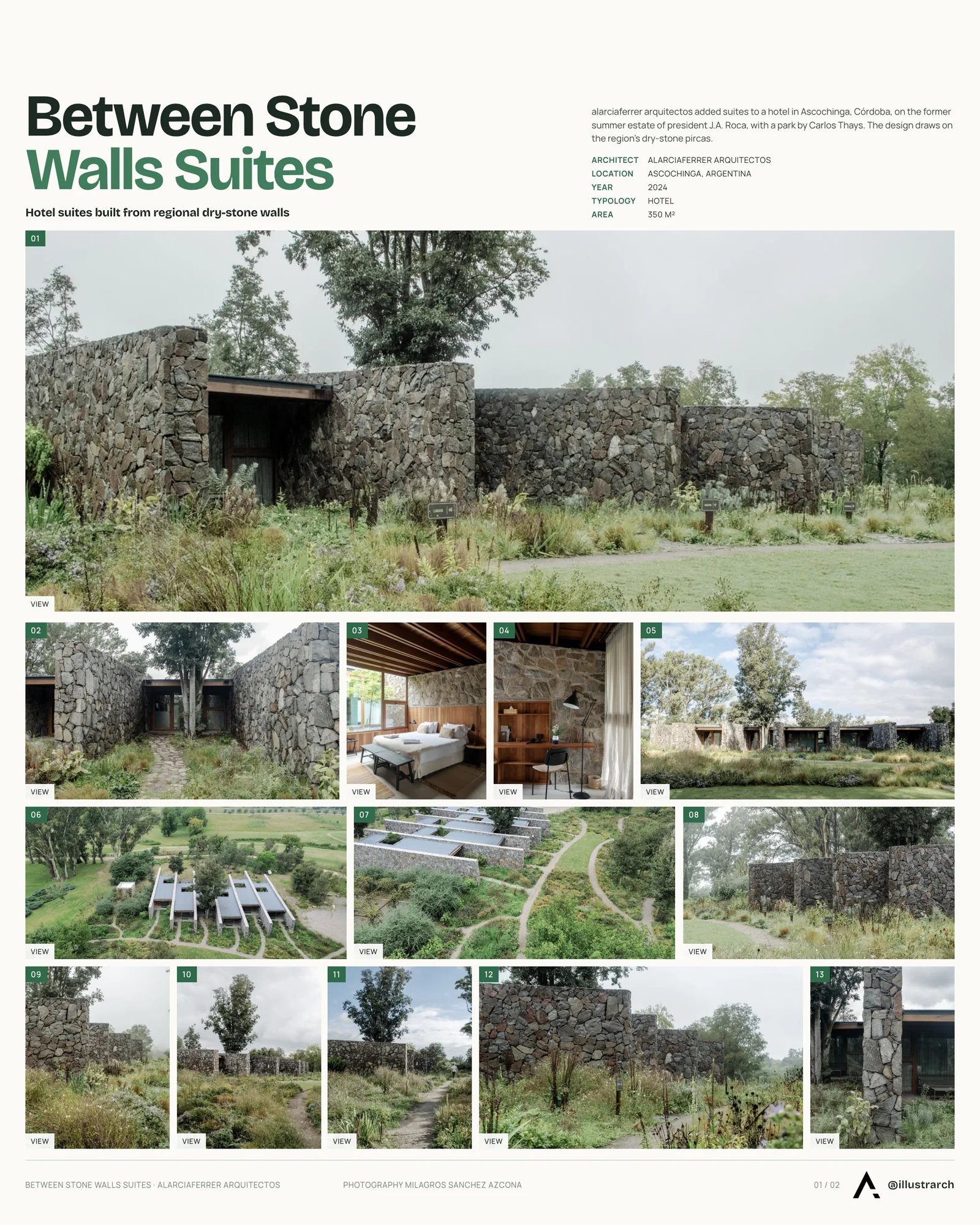 Presentation board cover for Between Stone Walls Suites by alarciaferrer arquitectos, with the lead image, project summary and a grid of photographs and drawings