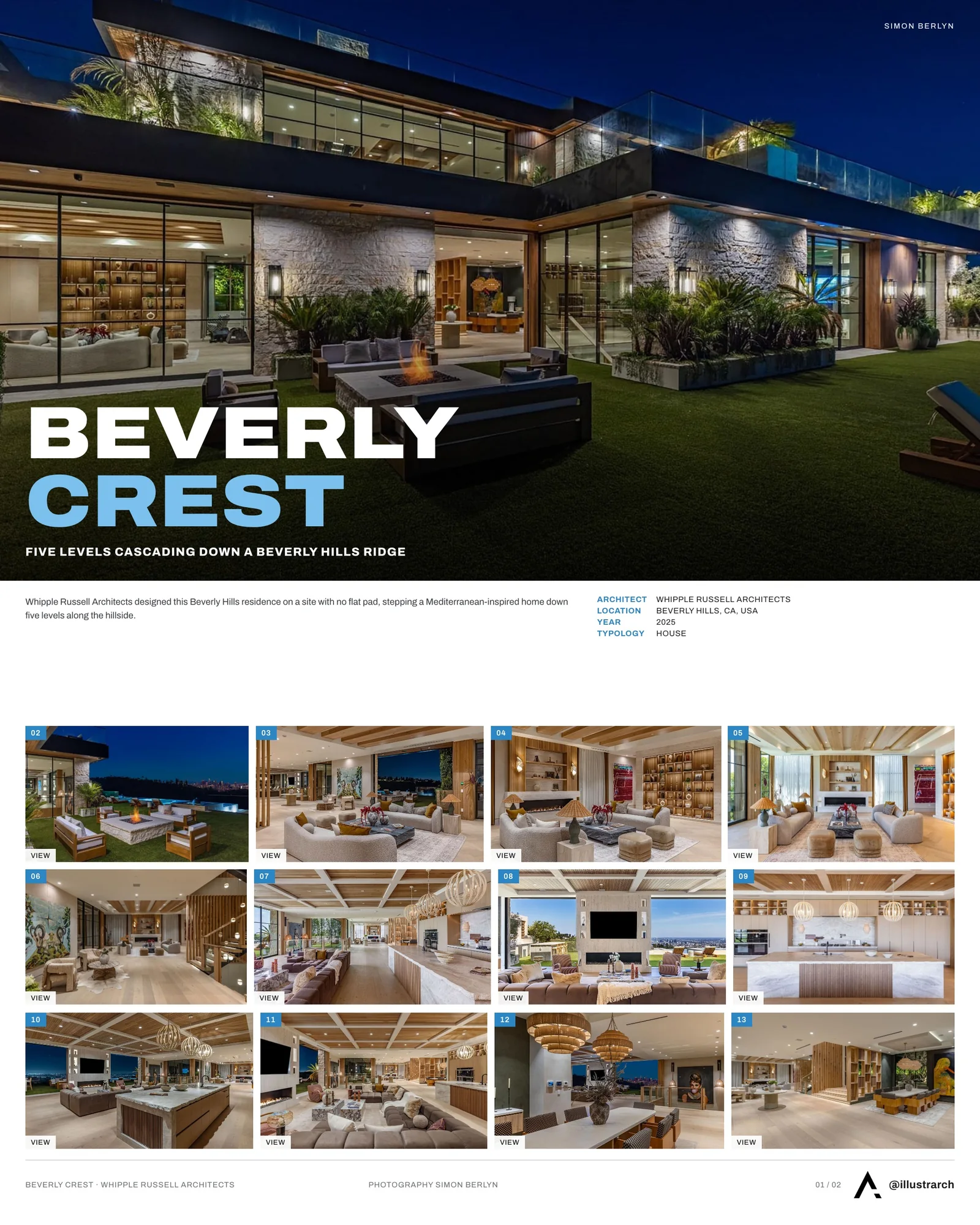 Presentation board cover for Beverly Crest by Whipple Russell Architects, with the lead image, project summary and a grid of photographs and drawings