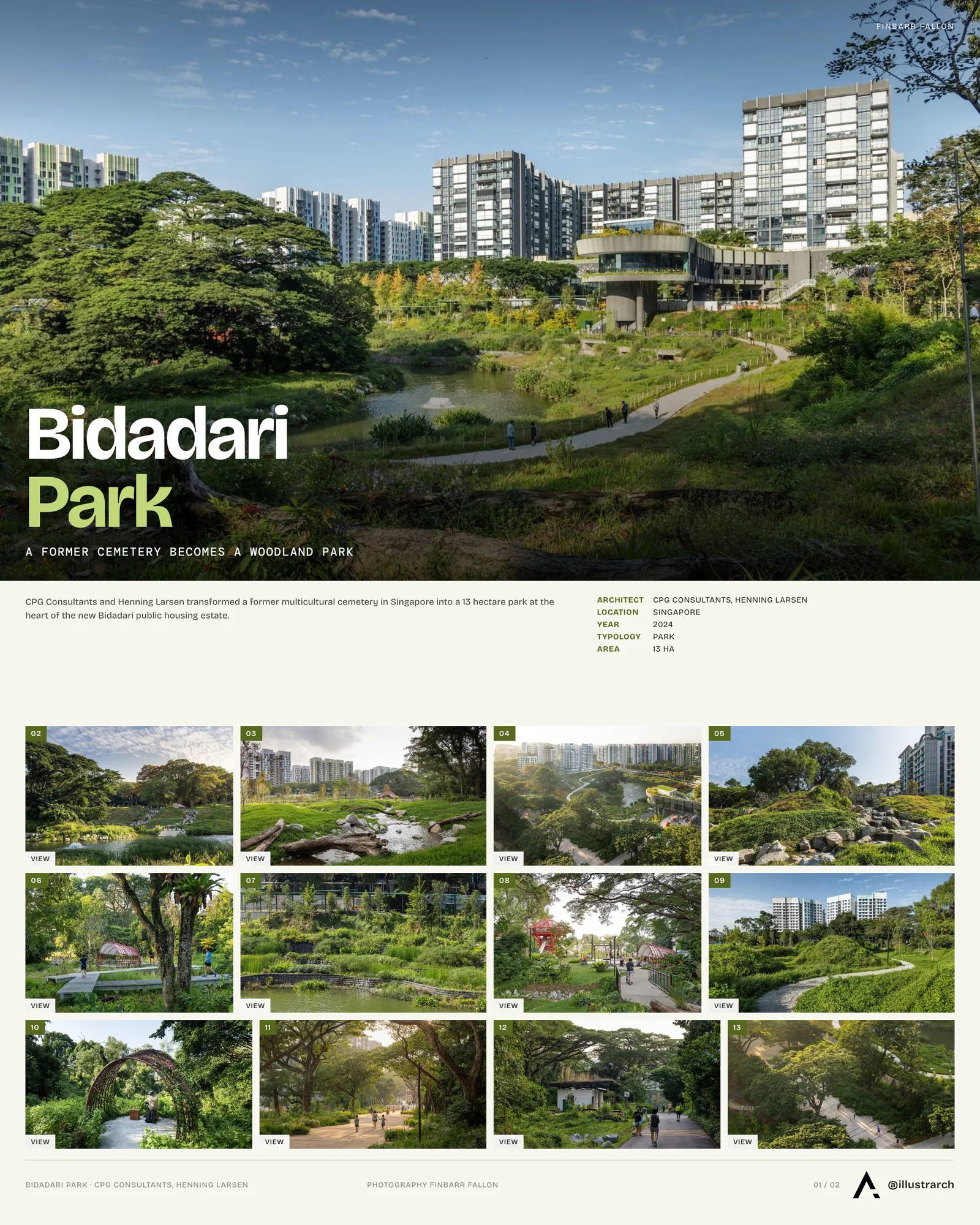 Presentation board cover for Bidadari Park by CPG Consultants & Henning Larsen, with the lead image, project summary and a grid of photographs and drawings