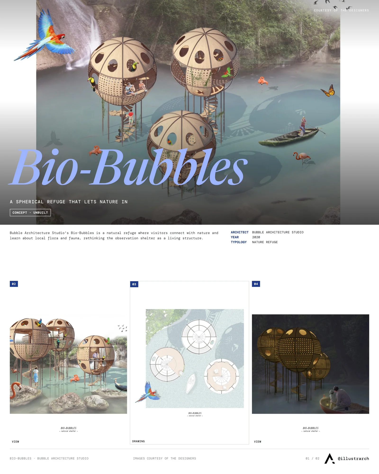 Presentation board cover for Bio-Bubbles, with the lead image, project summary and a grid of photographs and drawings