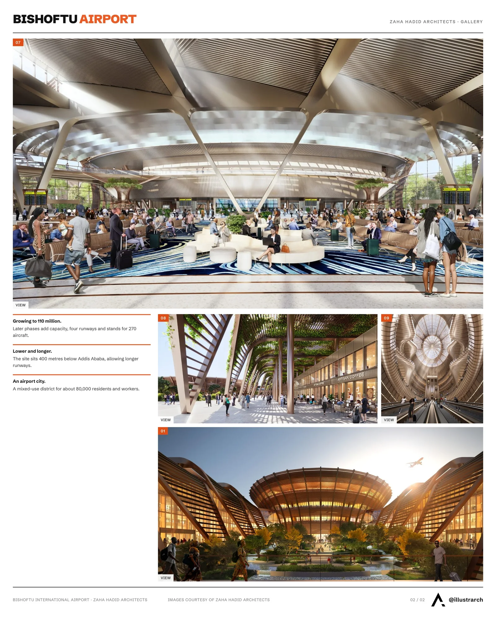 Second presentation board sheet for Zaha Hadid Architects Designs Bishoftu International Airport for Ethiopian Airlines, laying out the project drawings and images on one page