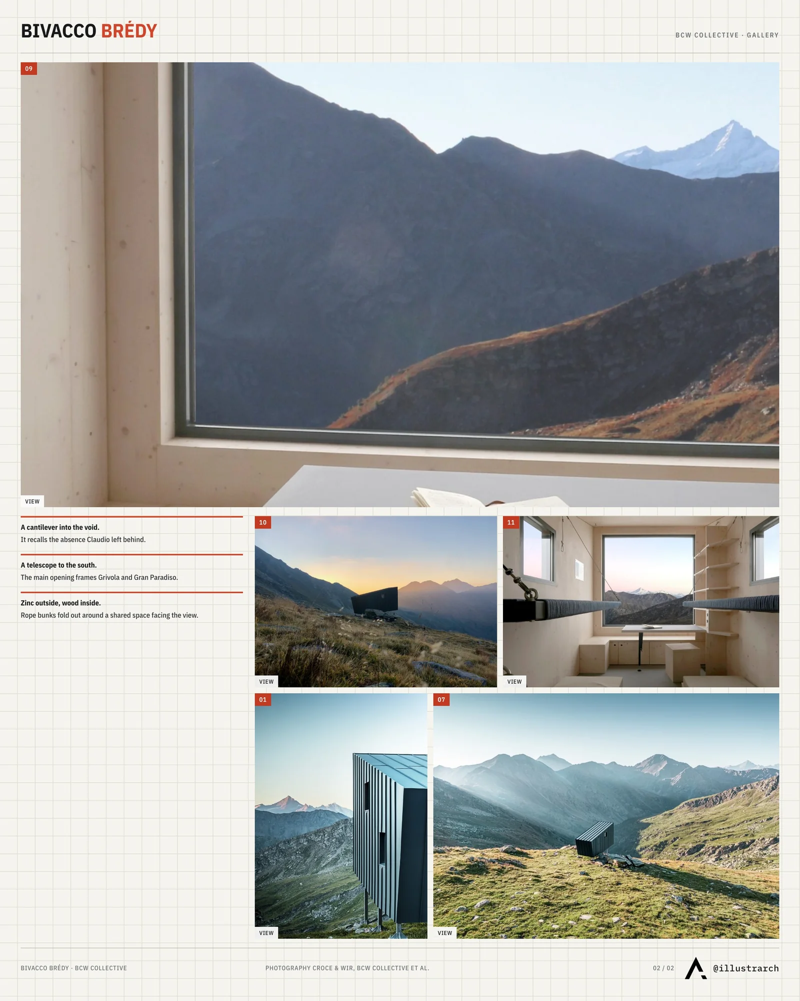 Second presentation board sheet for Bivacco Brédy by BCW Collective, laying out the project drawings and images on one page