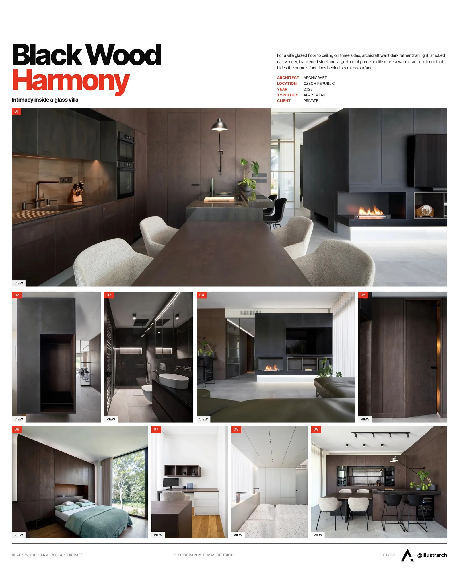 Presentation board cover for Black Wood Harmony by archicraft, with the lead image, project summary and a grid of photographs and drawings