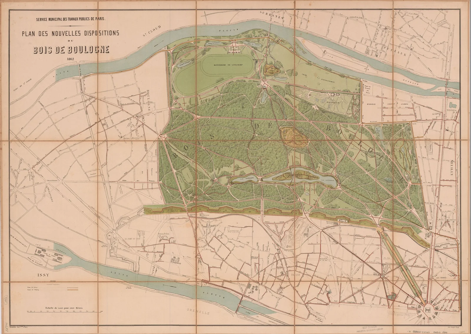 Bois de Boulogne master plan (1862), Paris, France, with the upper and lower lakes and Longchamp racecourse