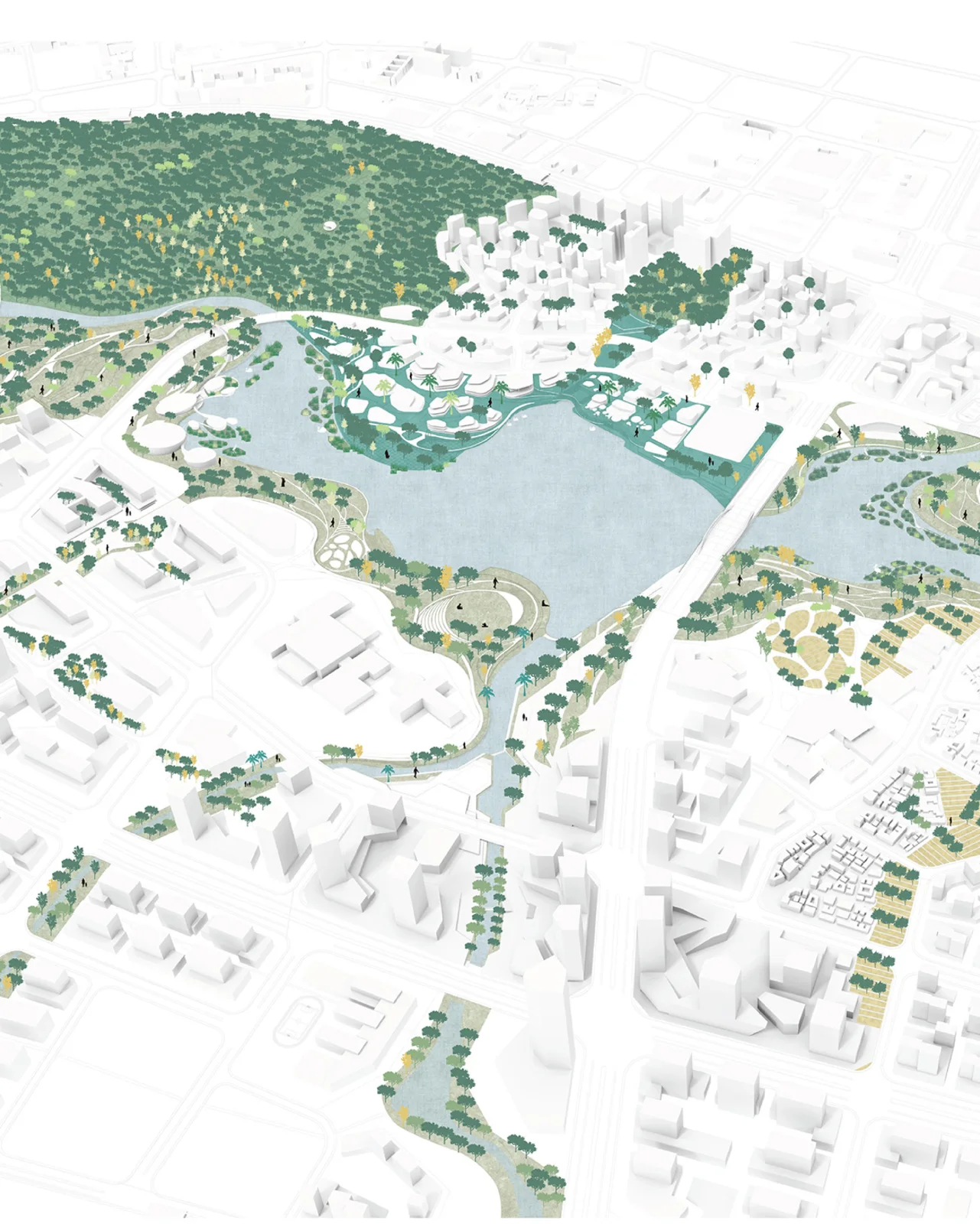 Aerial massing render of a waterfront masterplan with white building blocks around a curving lake and green edges