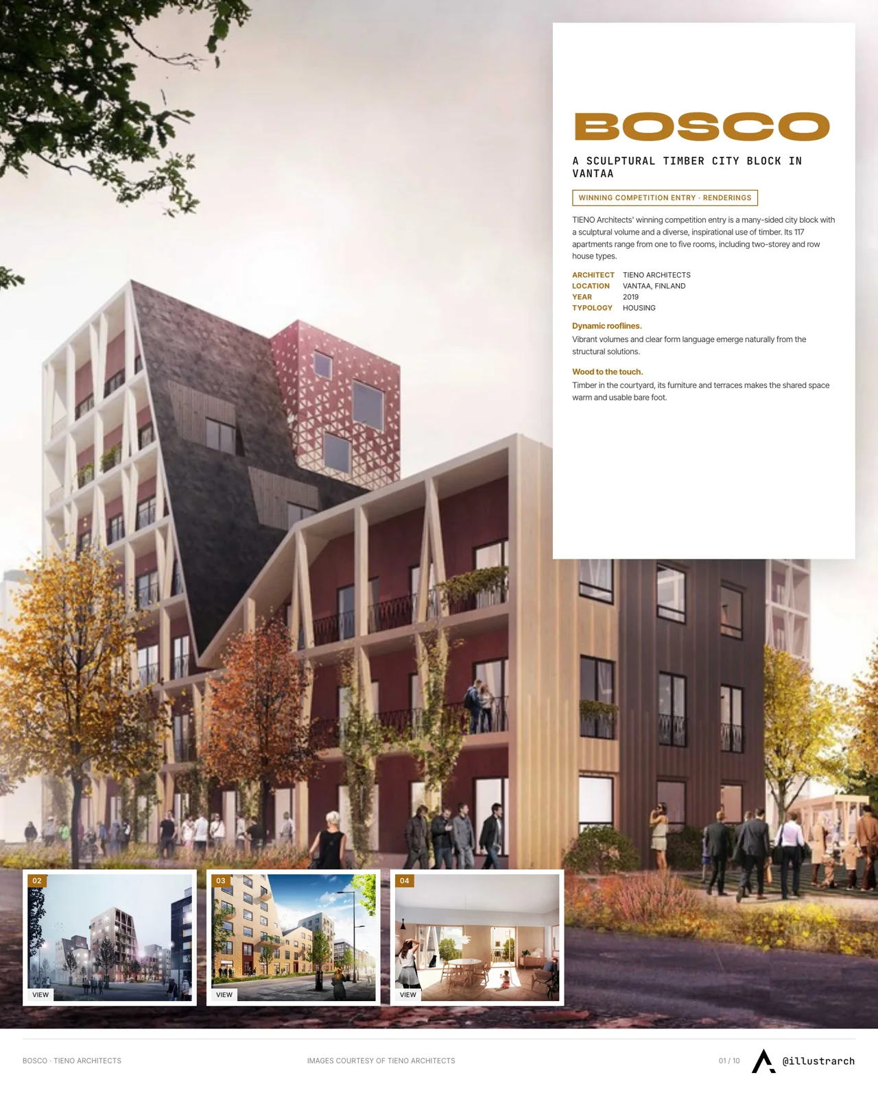 Presentation board cover titled Bosco with dark toned exterior renders of a timber residential building, as a portfolio opening page