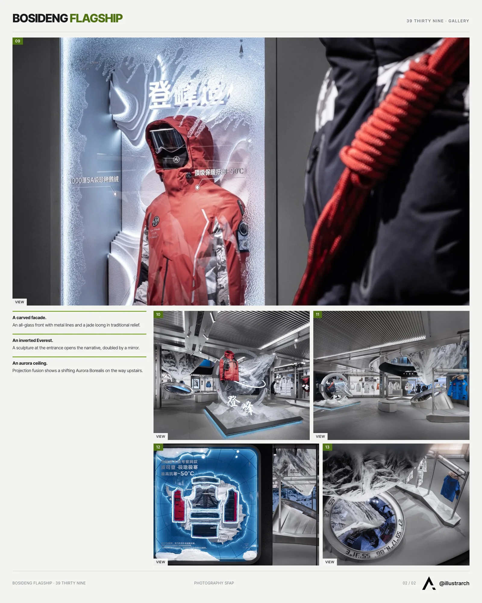 Second presentation board sheet for BOSIDENG Flagship Store by 39 THIRTY NINE, laying out the project drawings and images on one page