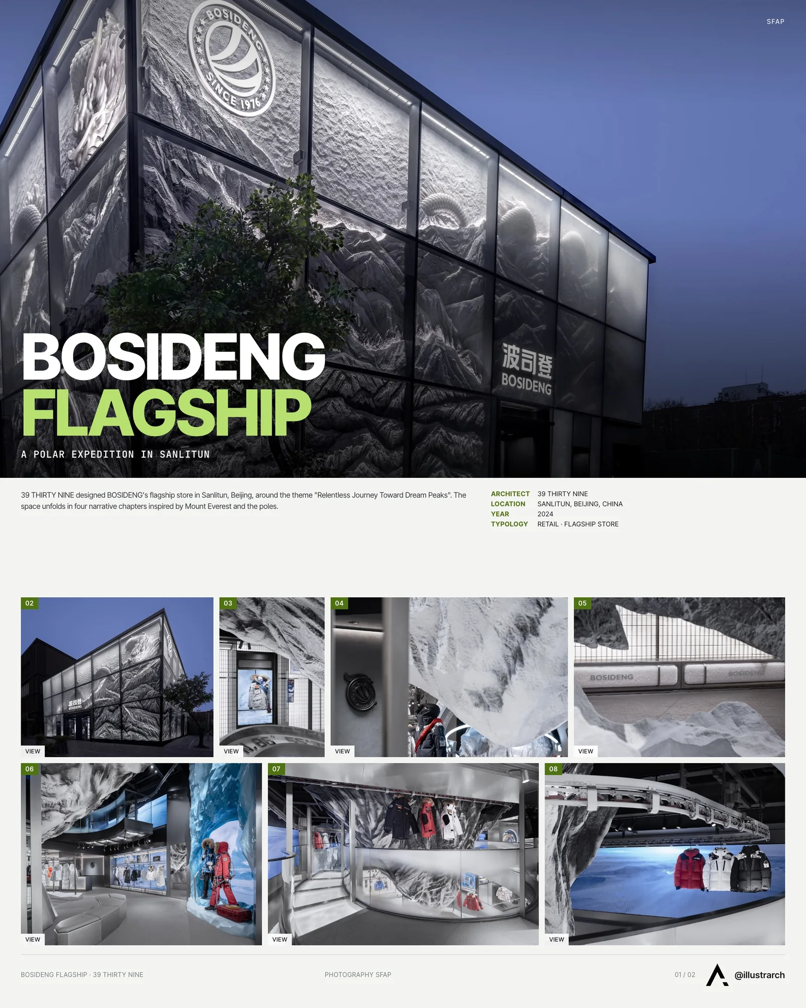 Presentation board cover for BOSIDENG Flagship Store by 39 THIRTY NINE, with the lead image, project summary and a grid of photographs and drawings