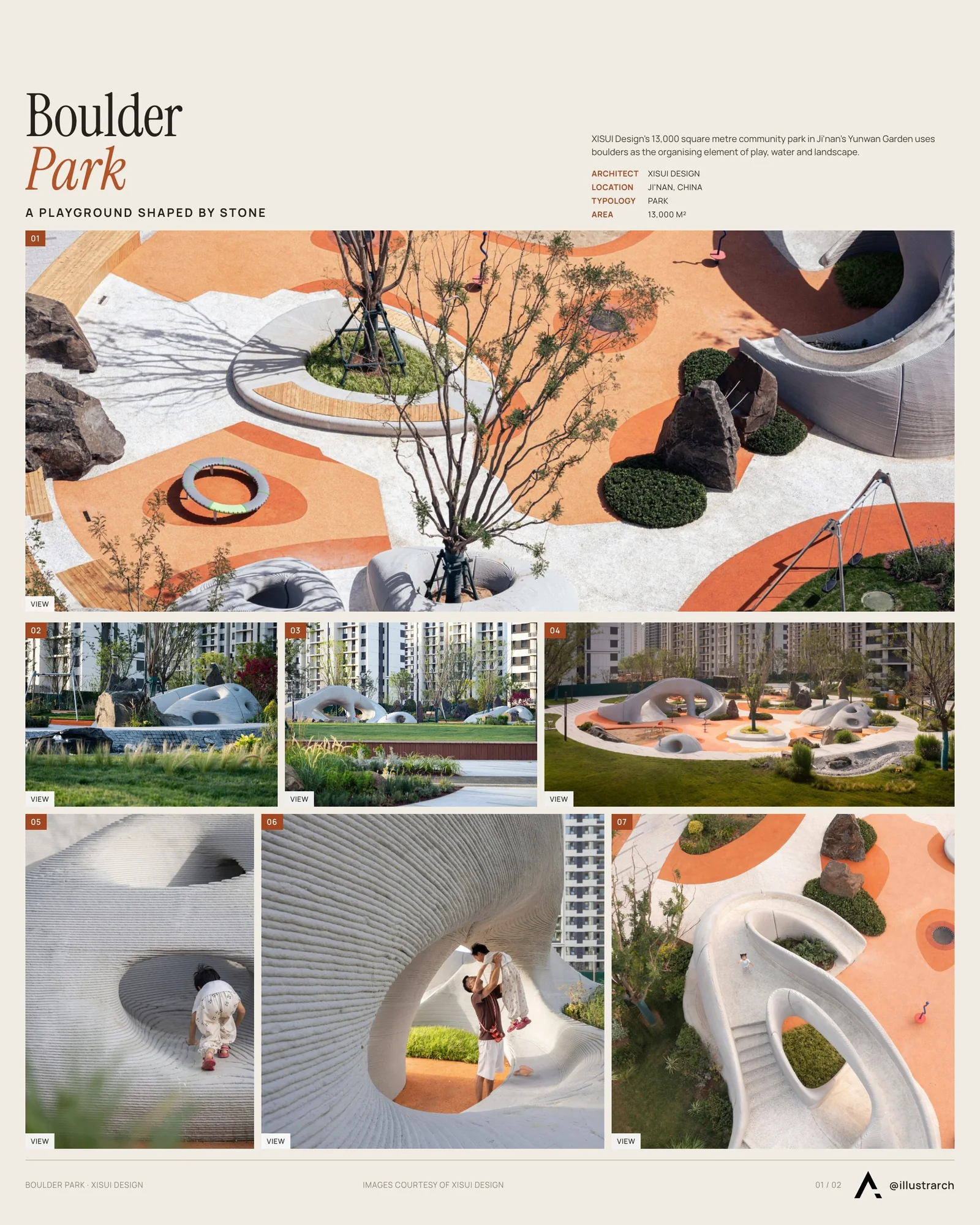 Presentation board cover for A New Era of Play and Nature: Boulder Park in Ji’nan, with the lead image, project summary and a grid of photographs and drawings