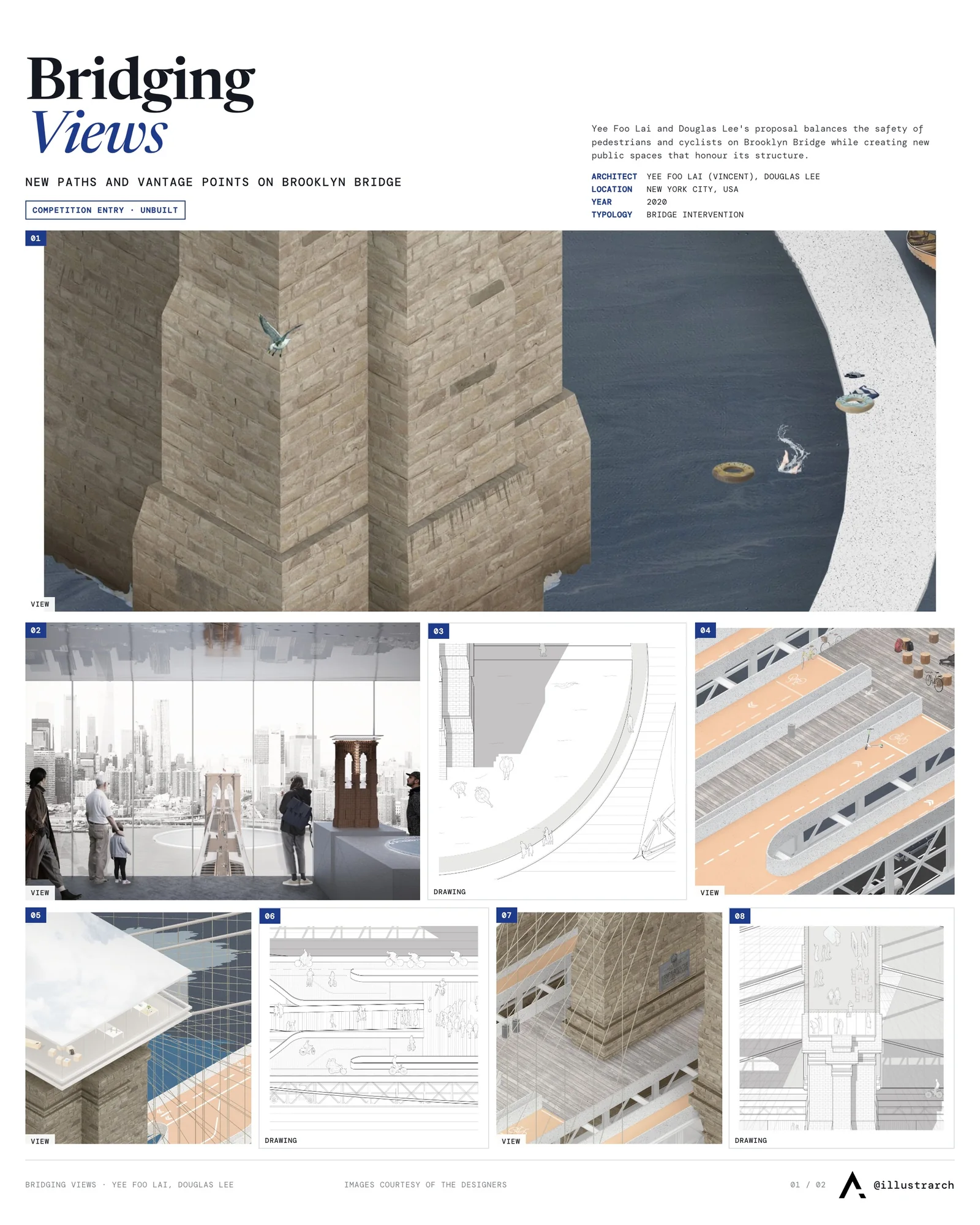 Presentation board cover for Bridging Views, with the lead image, project summary and a grid of photographs and drawings