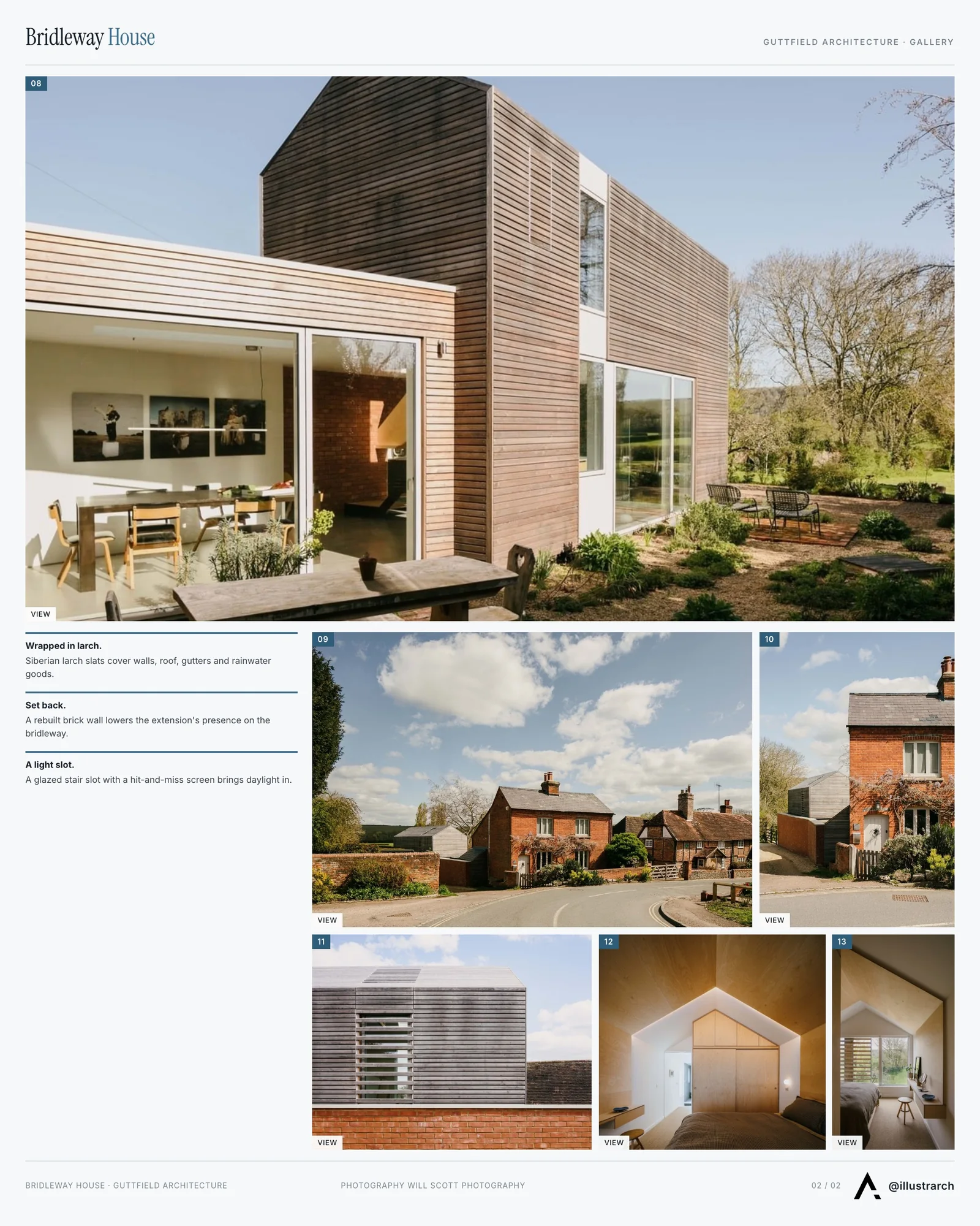 Second presentation board sheet for Bridleway House by Guttfield Architecture, laying out the project drawings and images on one page
