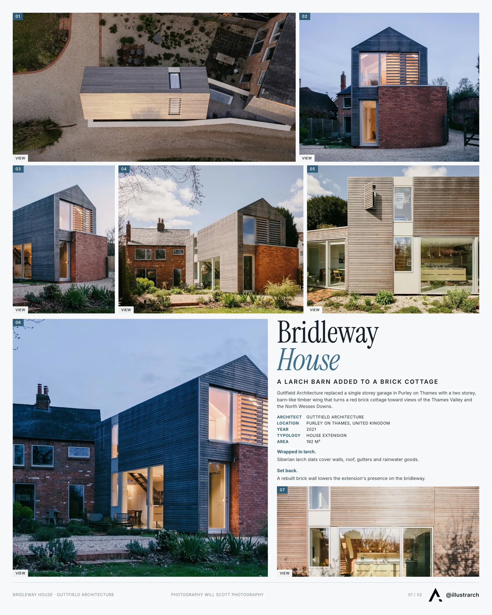 Presentation board cover for Bridleway House by Guttfield Architecture, with the lead image, project summary and a grid of photographs and drawings