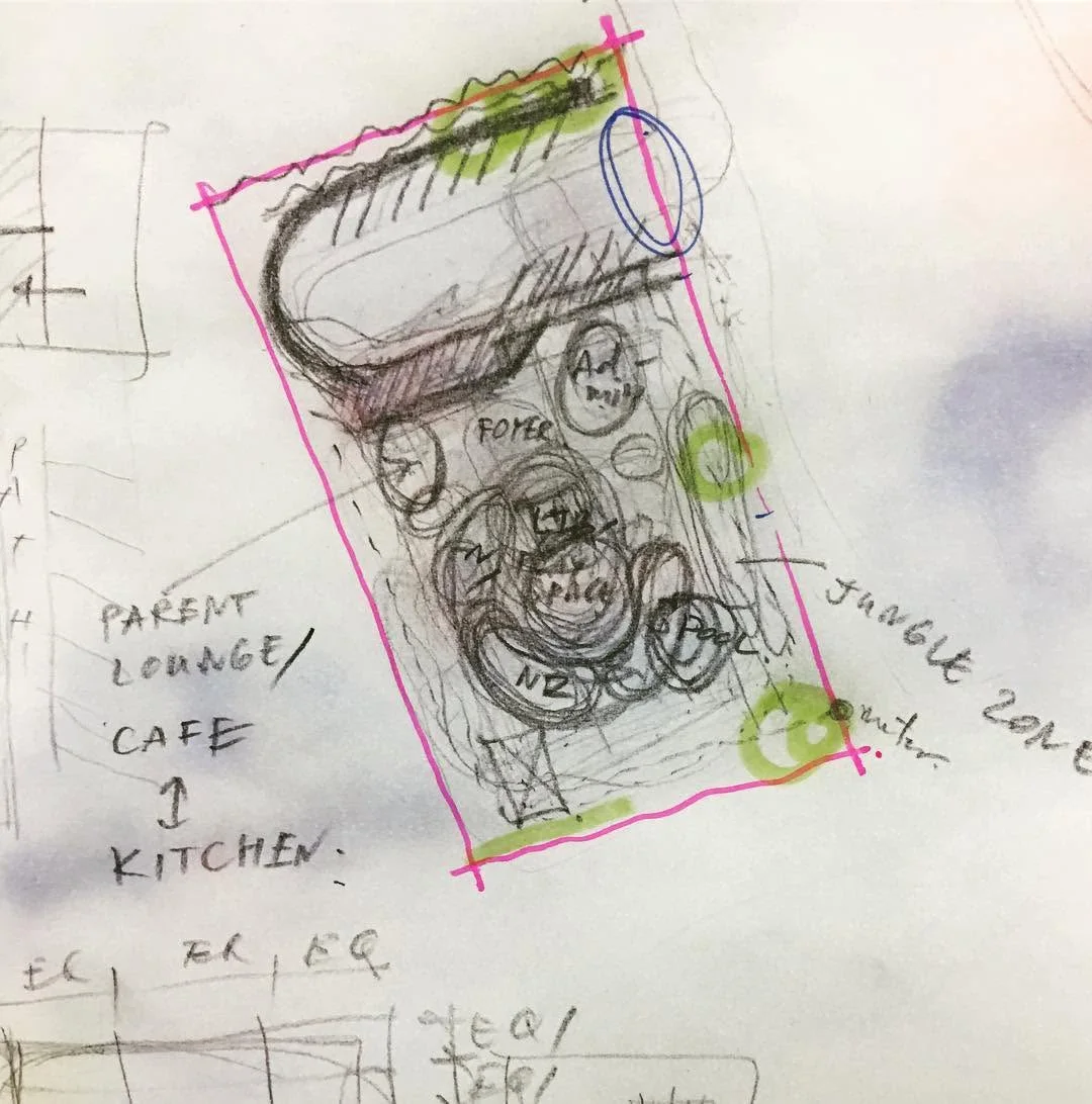 Pencil bubble sketch drawn over a site outline with highlighted notes for parent lounge, cafe and kitchen spaces