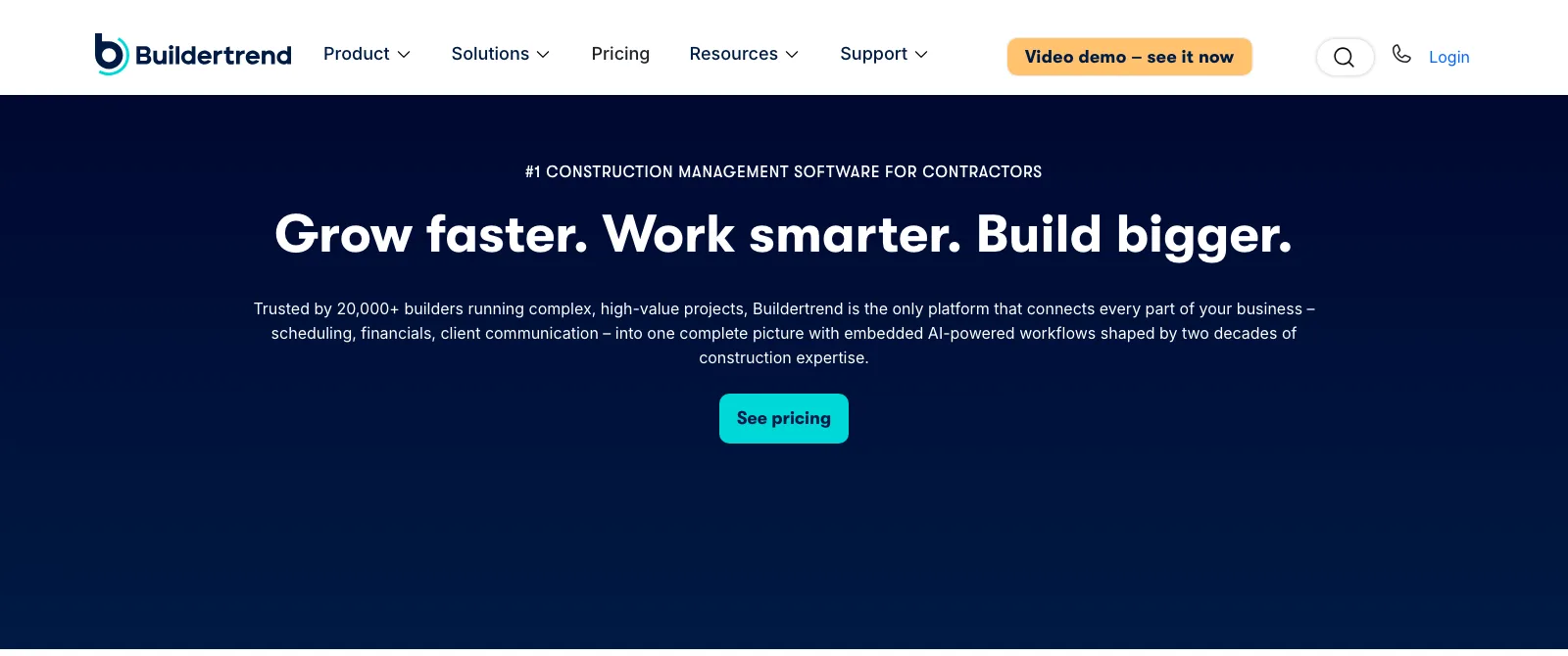 Buildertrend homepage presenting one platform for scheduling, financials and client communication