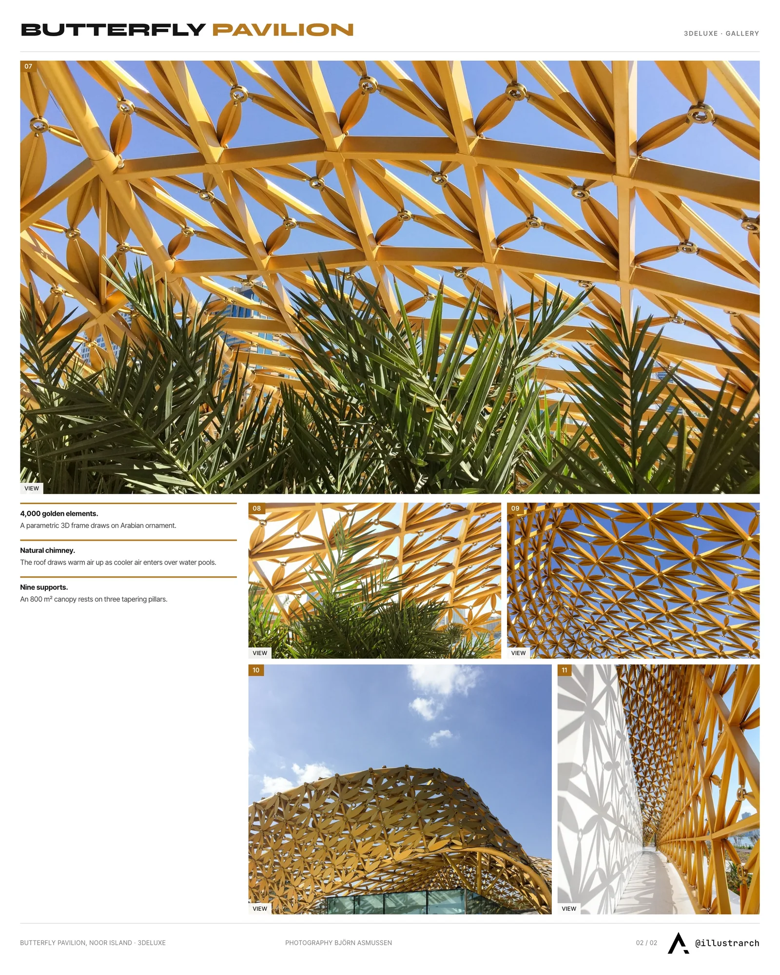 Second presentation board sheet for The Butterfly Pavilion at Noor Island: A Fusion of Nature, Technology, and Design, laying out the project drawings and images on one page