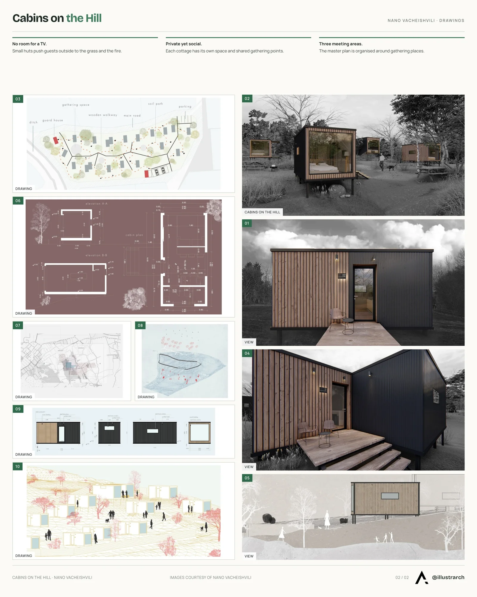 Second presentation board sheet for Cabins on the Hill, laying out the project drawings and images on one page
