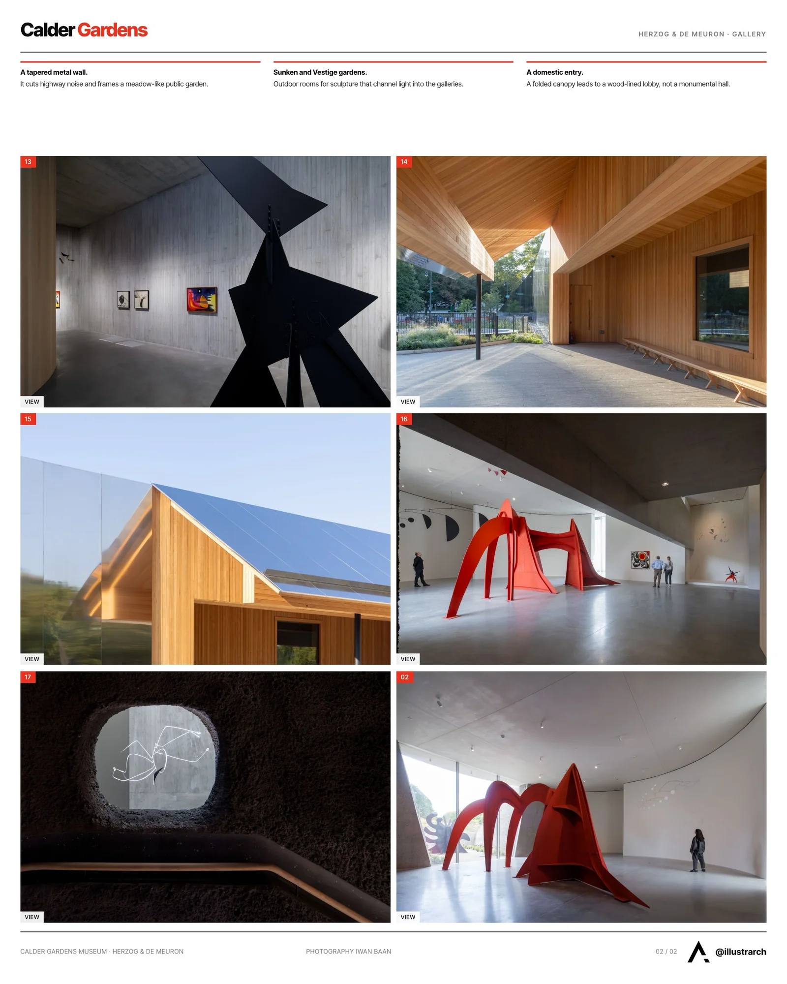 Second presentation board sheet for Calder Gardens Museum by Herzog & de Meuron, laying out the project drawings and images on one page