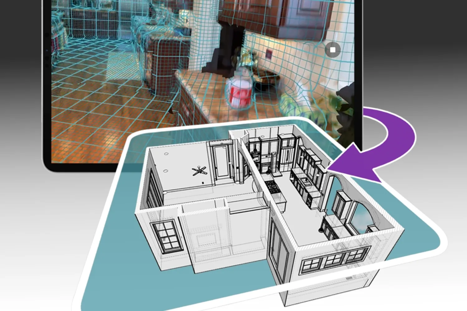 iPad LiDAR mesh of a kitchen turned into a 3D CAD model of the rooms, linked by a purple arrow