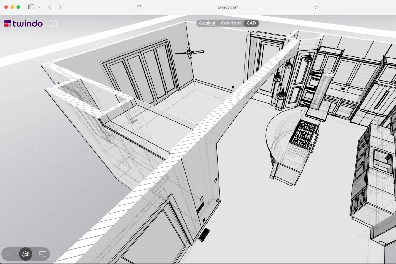 Twindo web viewer in CAD mode showing a cutaway 3D model of a scanned kitchen and living area