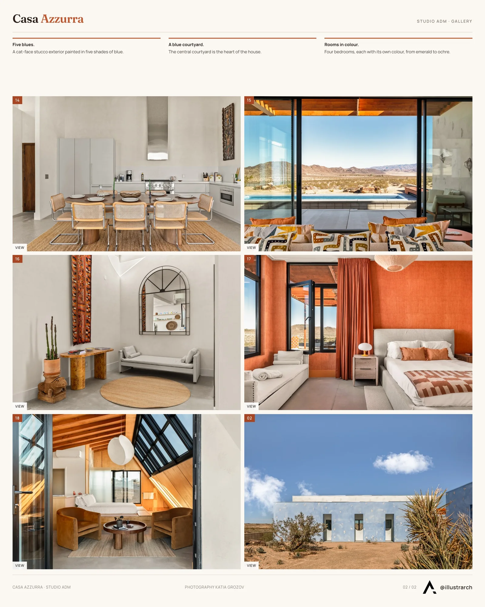 Second presentation board sheet for Casa Azzurra: A Bold Desert Retreat Rooted in Italian Spirit, laying out the project drawings and images on one page