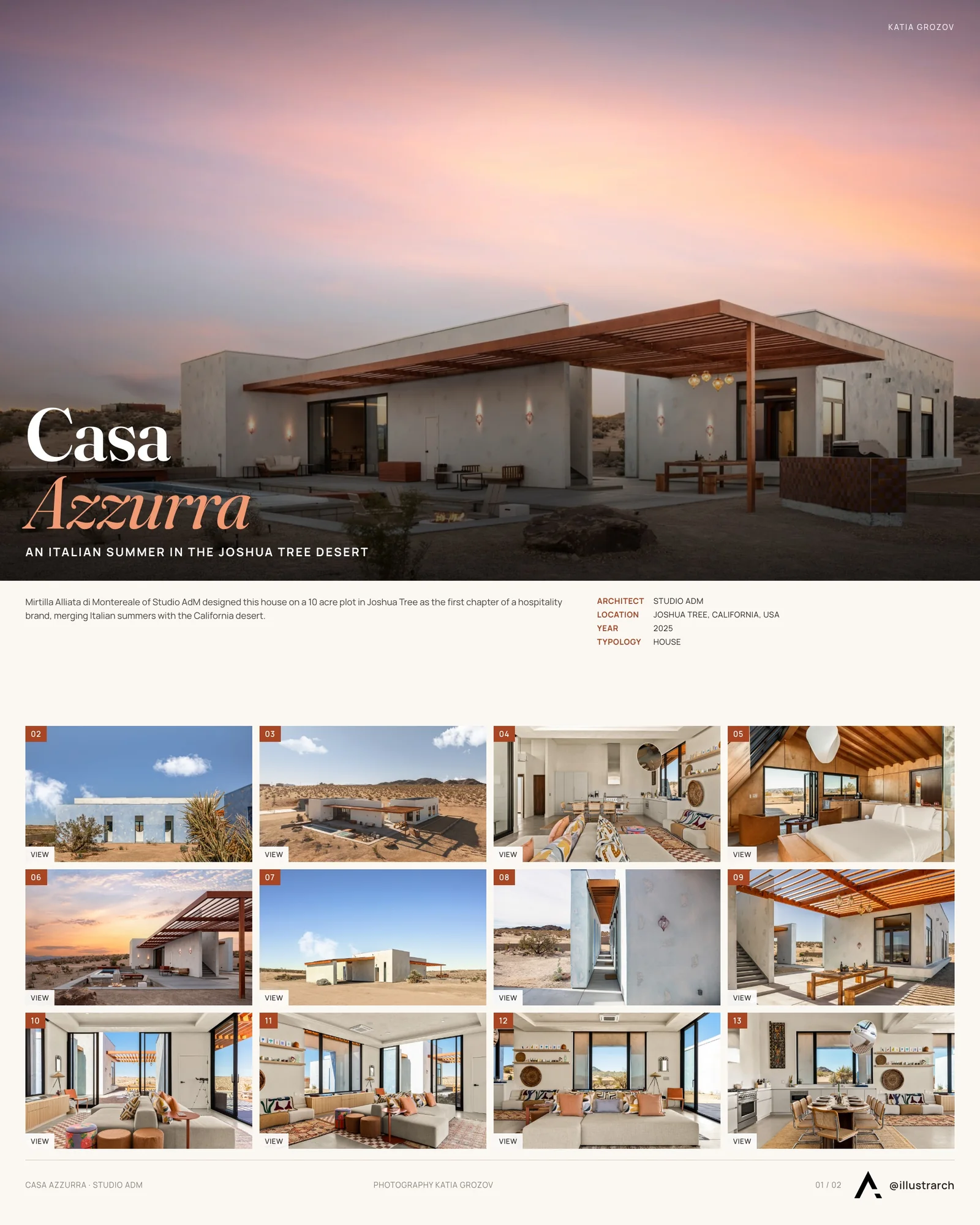 Presentation board cover for Casa Azzurra: A Bold Desert Retreat Rooted in Italian Spirit, with the lead image, project summary and a grid of photographs and drawings