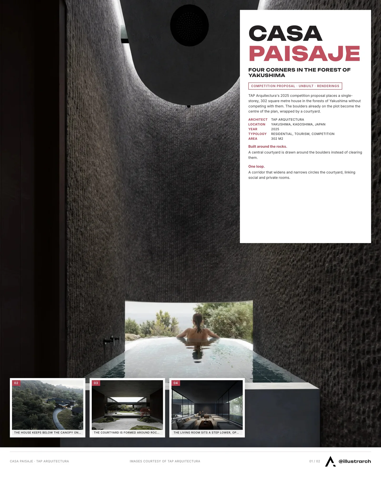 Presentation board cover for Casa Paisaje by TAP Arquitectura, with the lead image, project summary and a grid of photographs and drawings