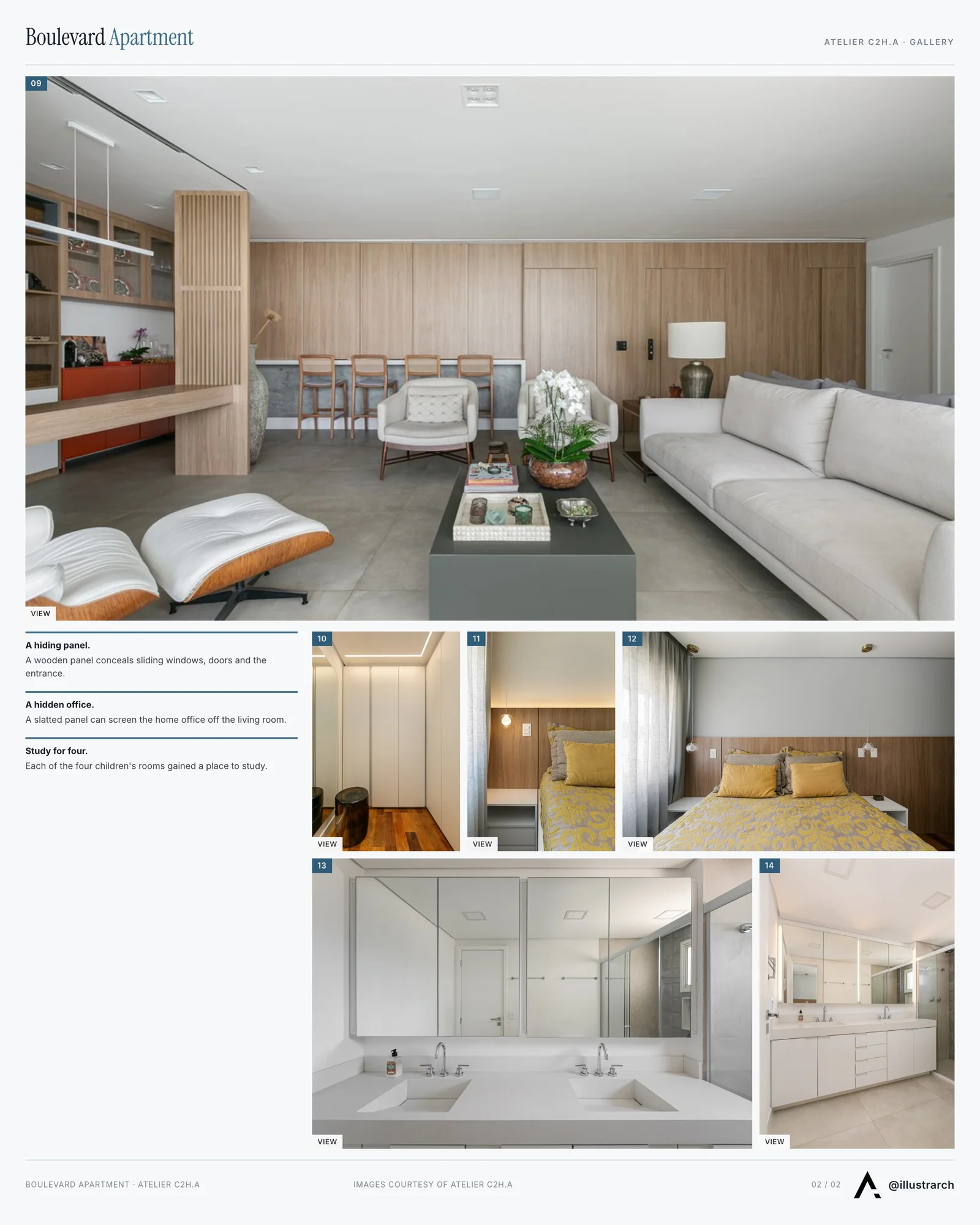 Second presentation board sheet for Contemporary Redesign of an Apartment Located in the Casa Verde Neighborhood, laying out the project drawings and images on one page
