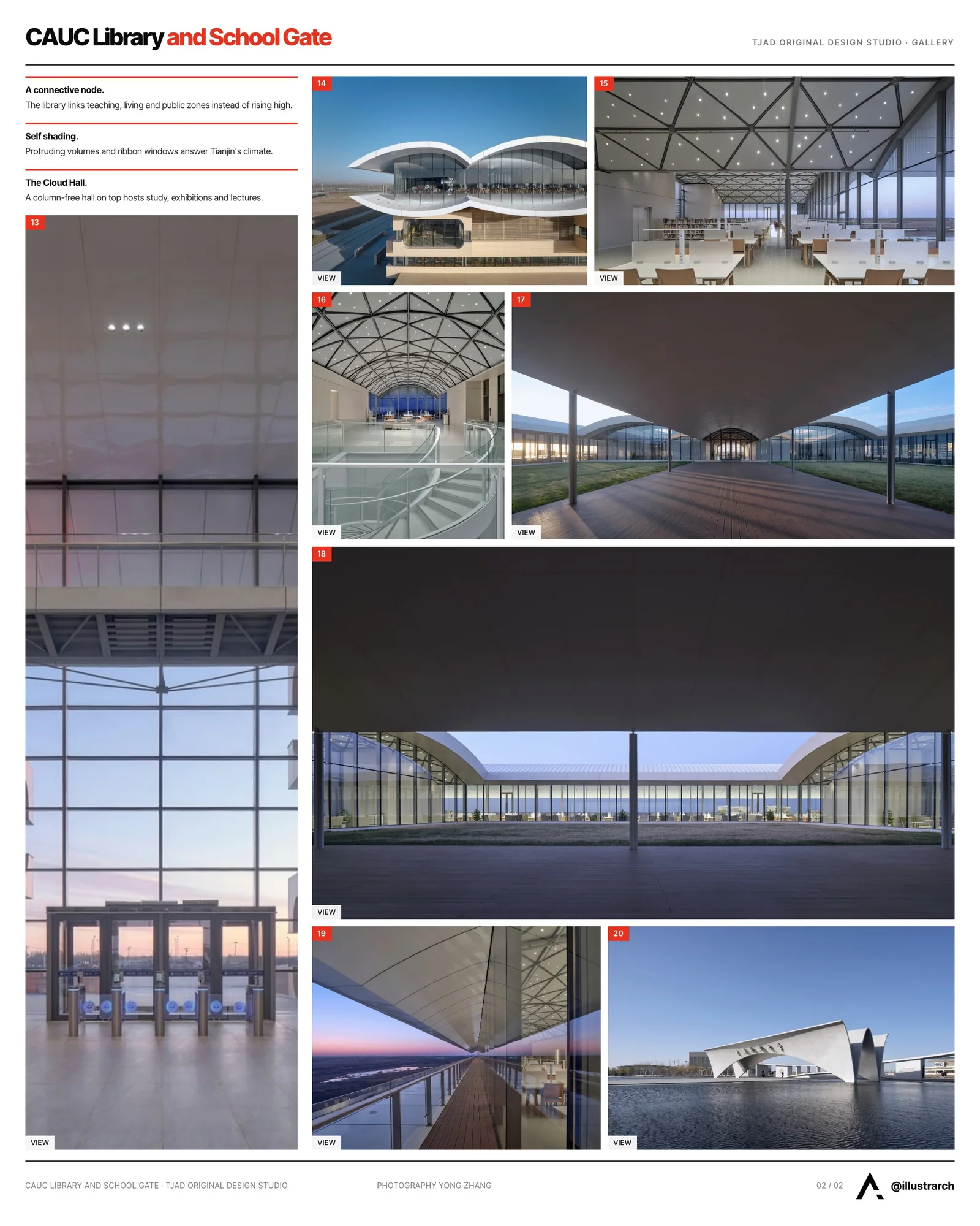 Second presentation board sheet for Library and School Gate of CAUC by TJAD Original Design Studio, laying out the project drawings and images on one page