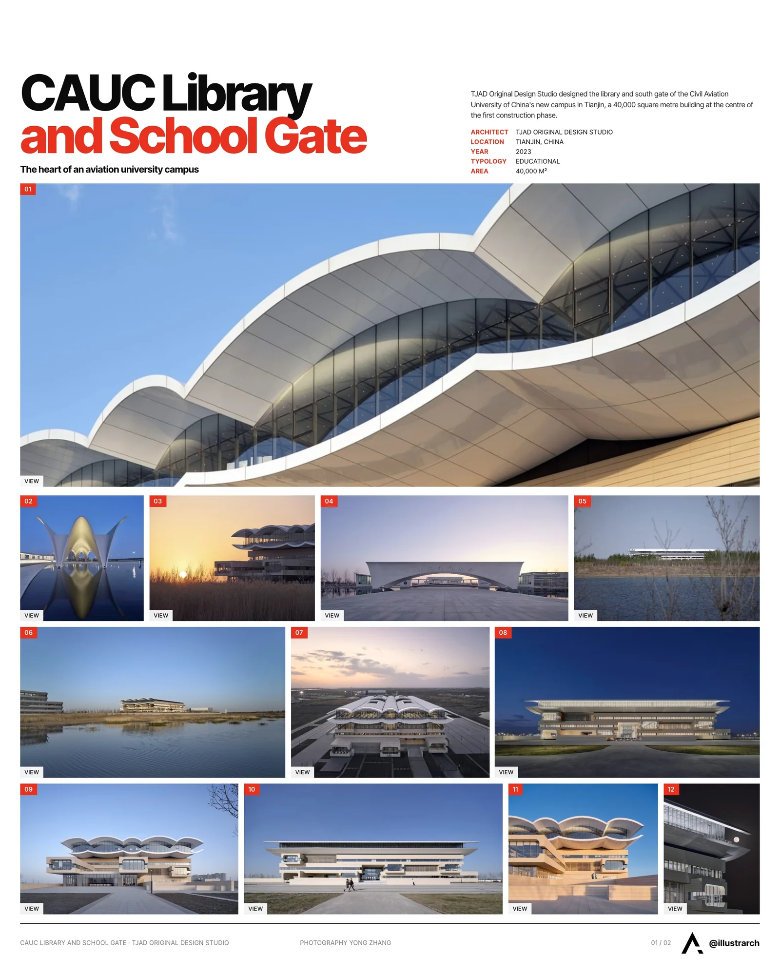 Presentation board cover for Library and School Gate of CAUC by TJAD Original Design Studio, with the lead image, project summary and a grid of photographs and drawings