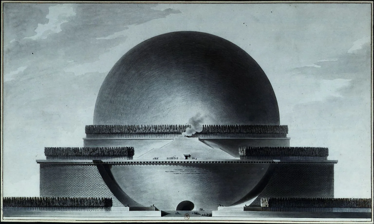 Boullee elevation of the Cenotaph for Newton, a giant sphere set on a tiered base ringed with cypress trees